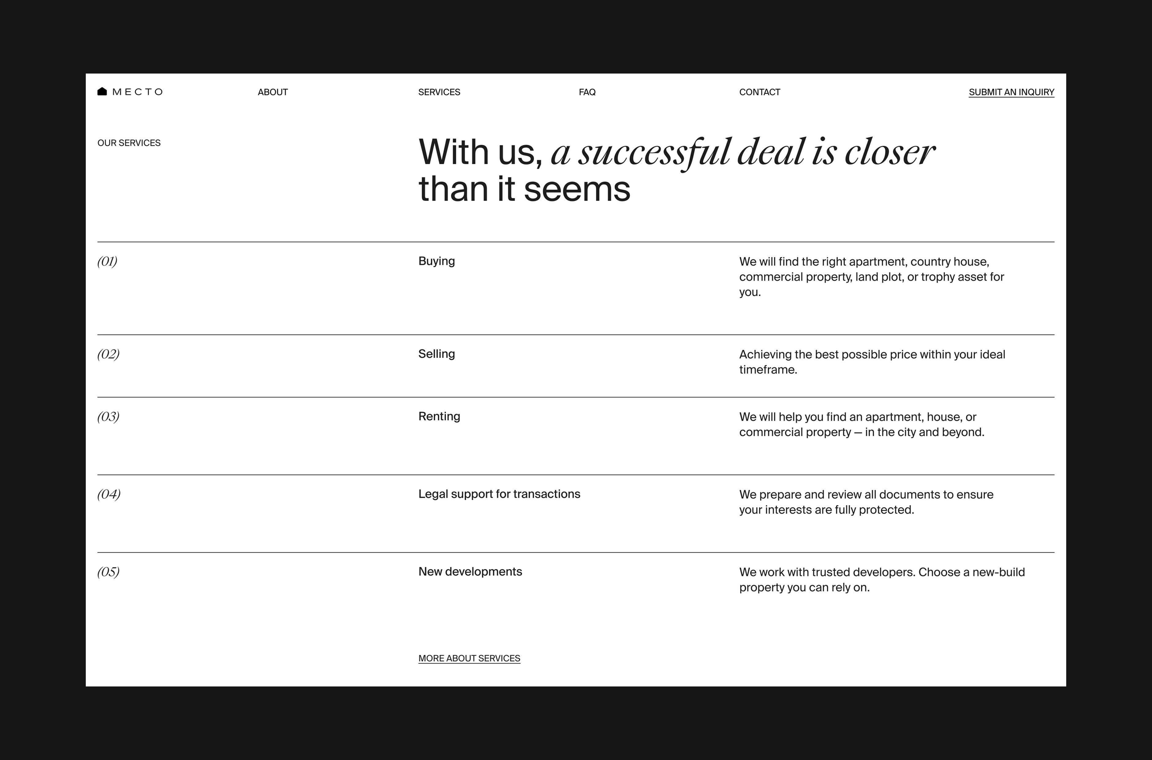 Mesto desktop services list for buying, selling and renting property