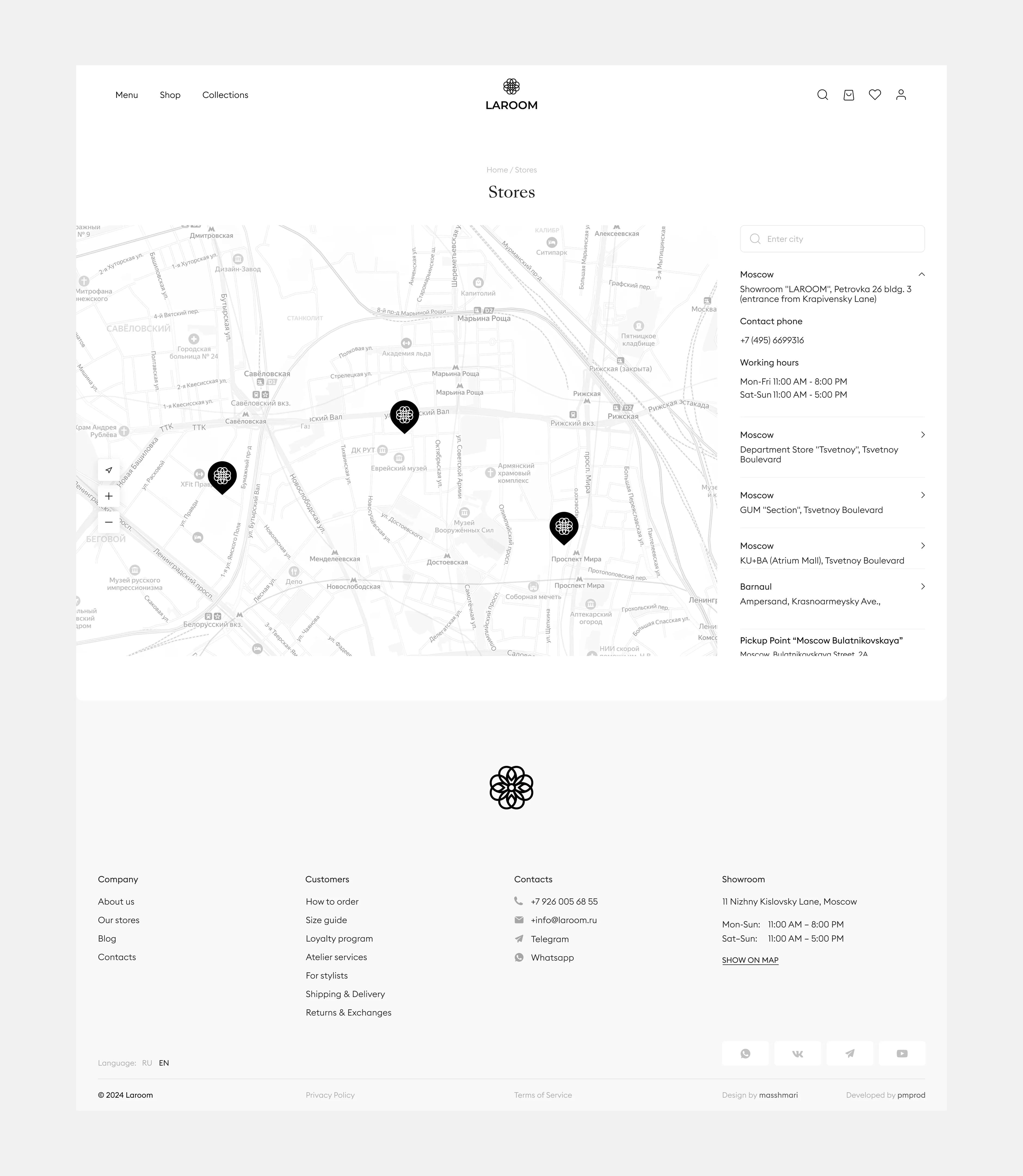 Laroom website: store locator map and footer