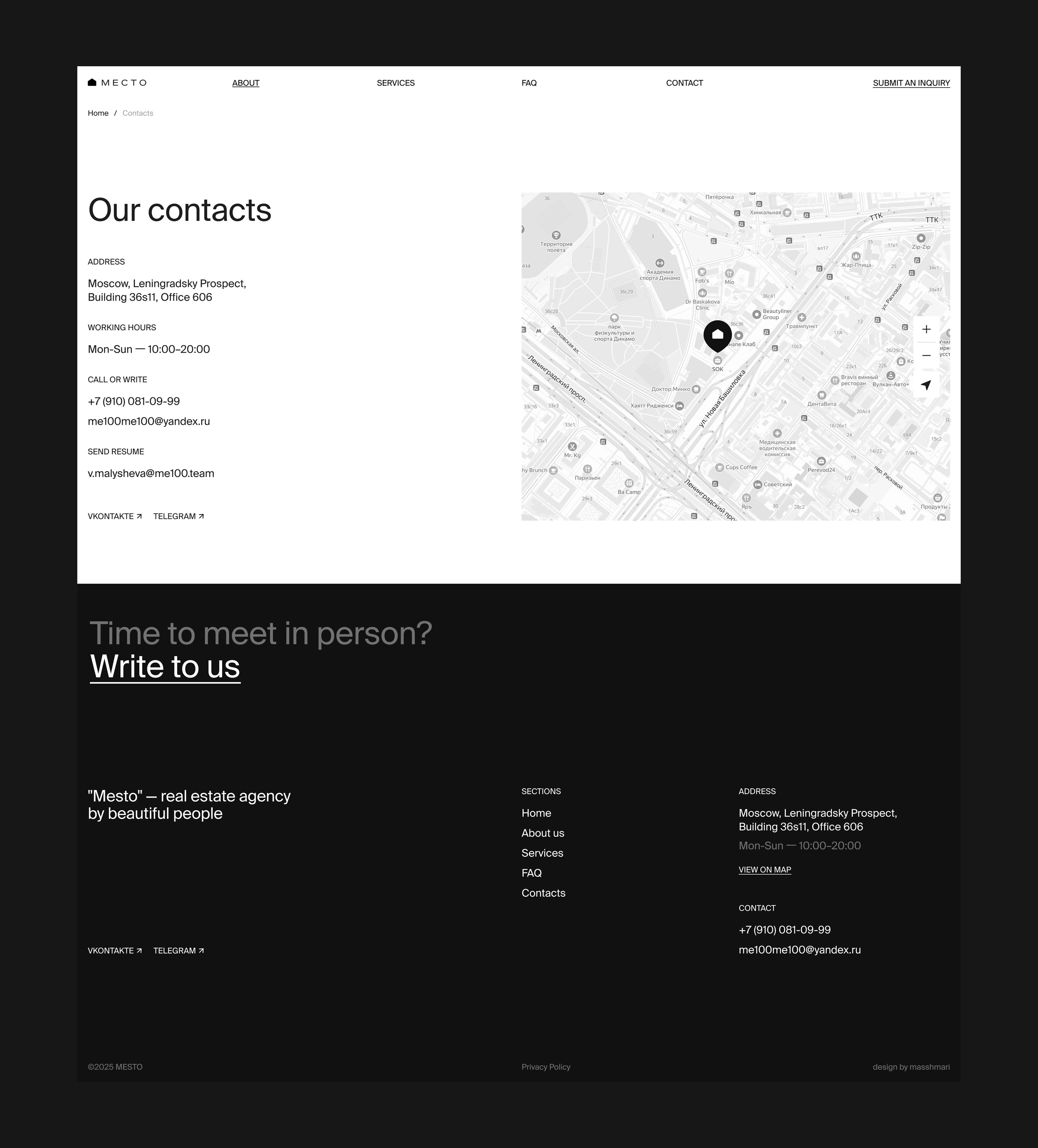 Mesto contact page with map, address and footer