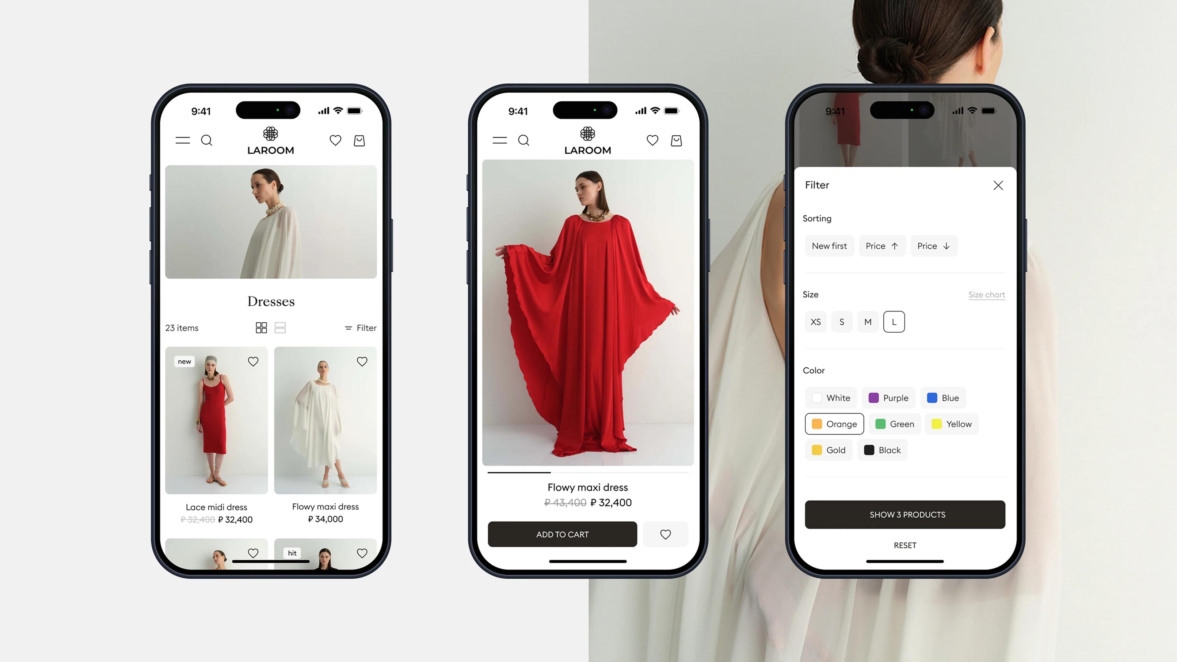 Laroom website: mobile catalog, product page, and checkout