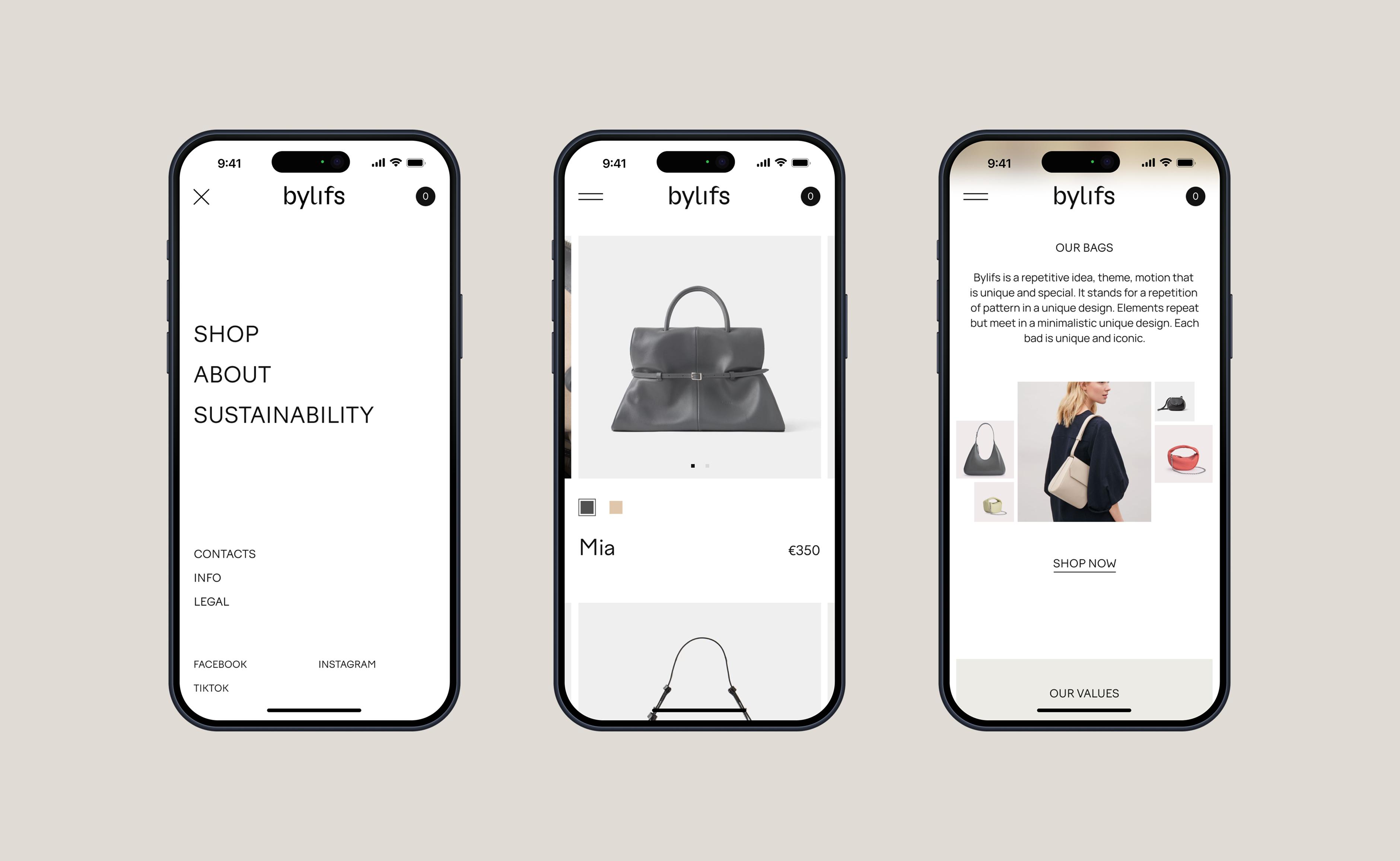 Three Bylifs mobile screens showing the menu, product page and brand story