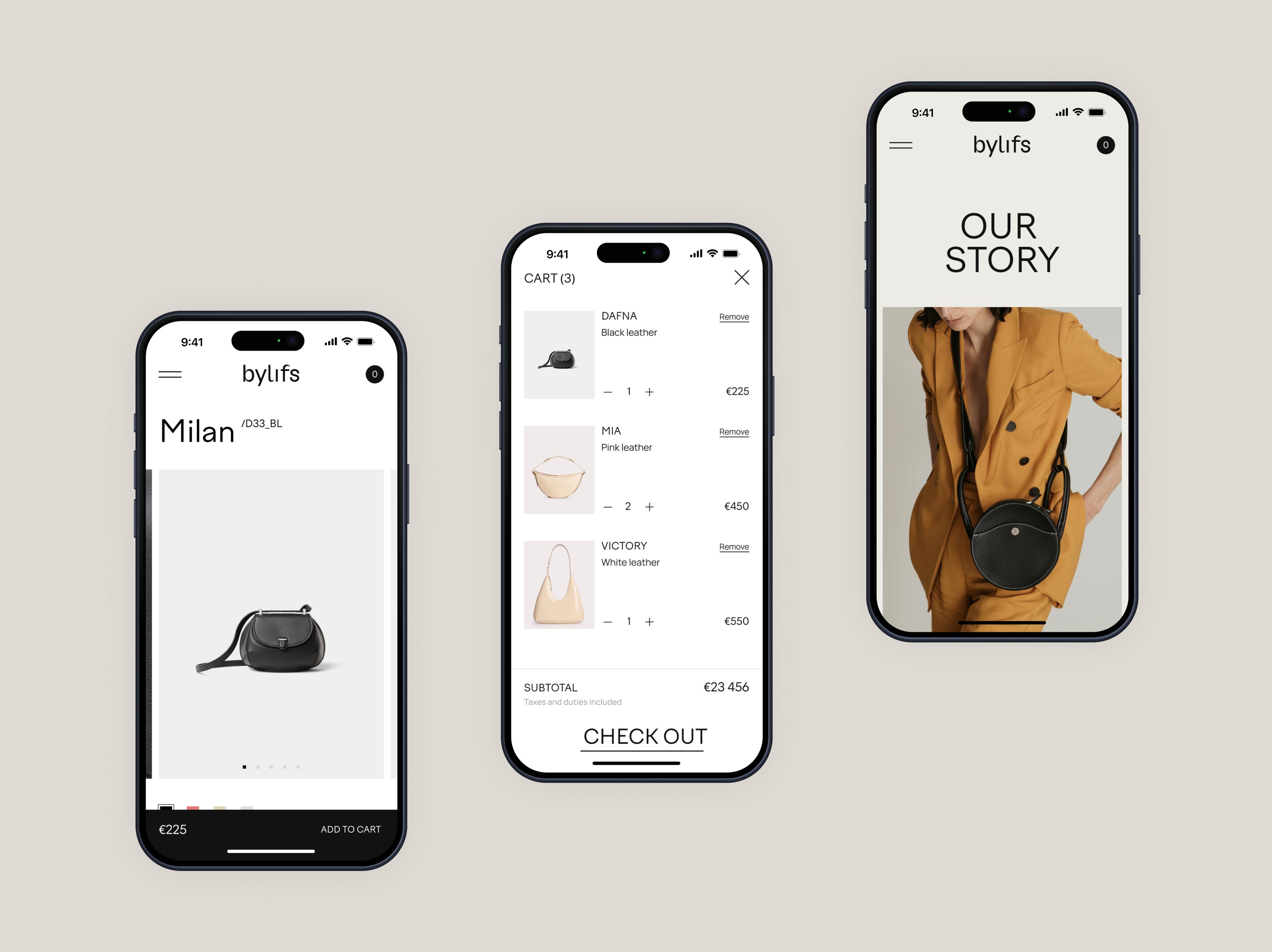 Three Bylifs mobile screens showing a bag, shopping cart and brand story