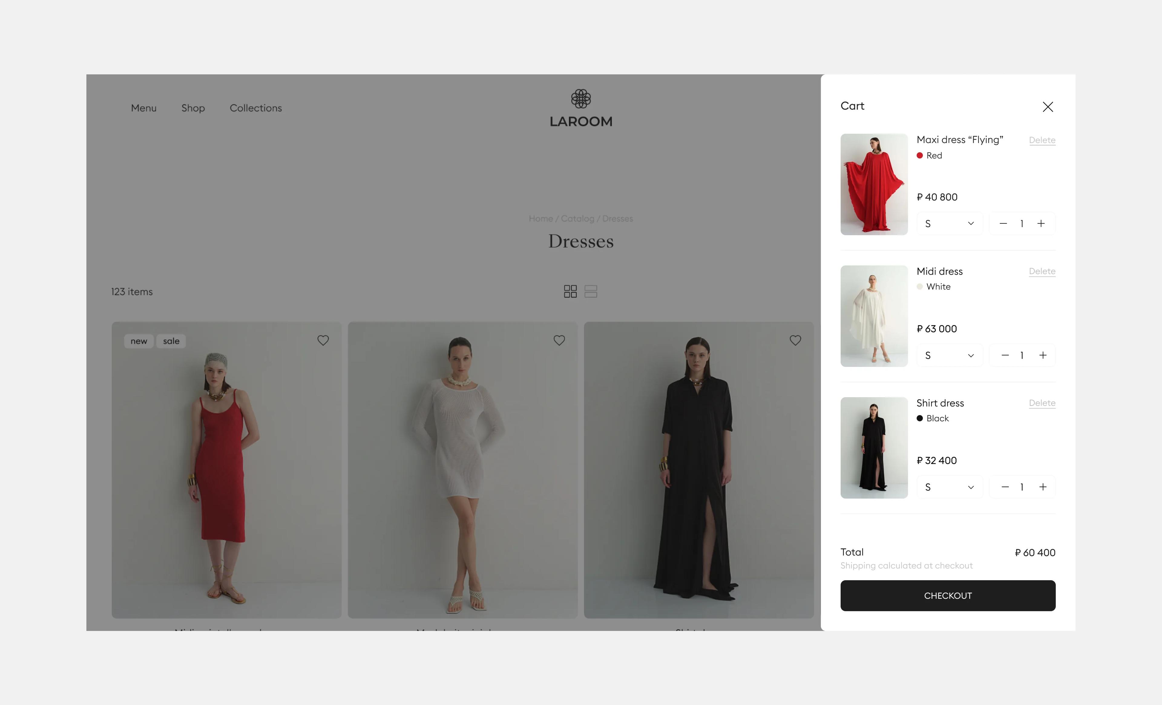 Laroom website: shopping cart overlay on the product catalog