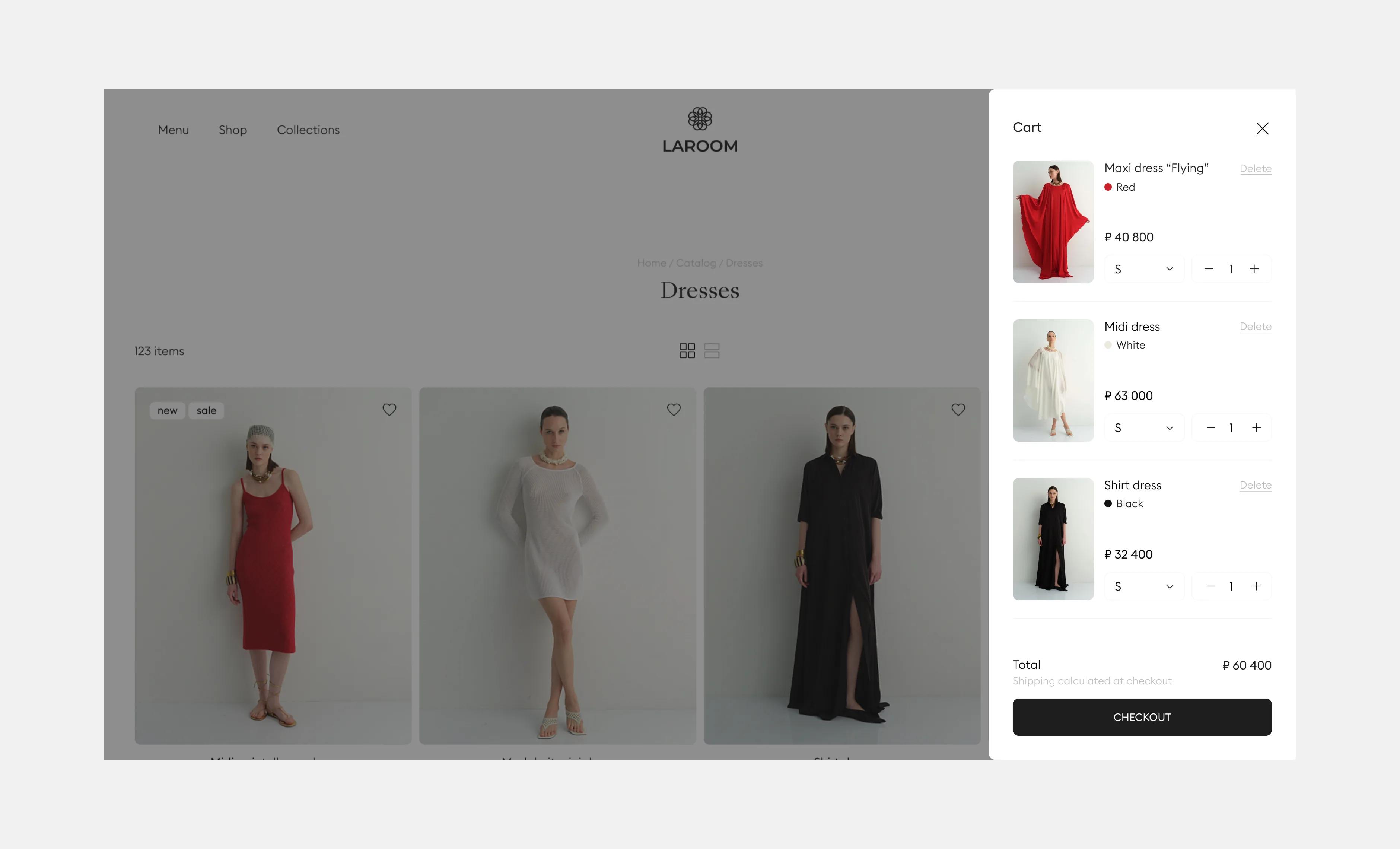 Laroom website: shopping cart overlay on the product catalog