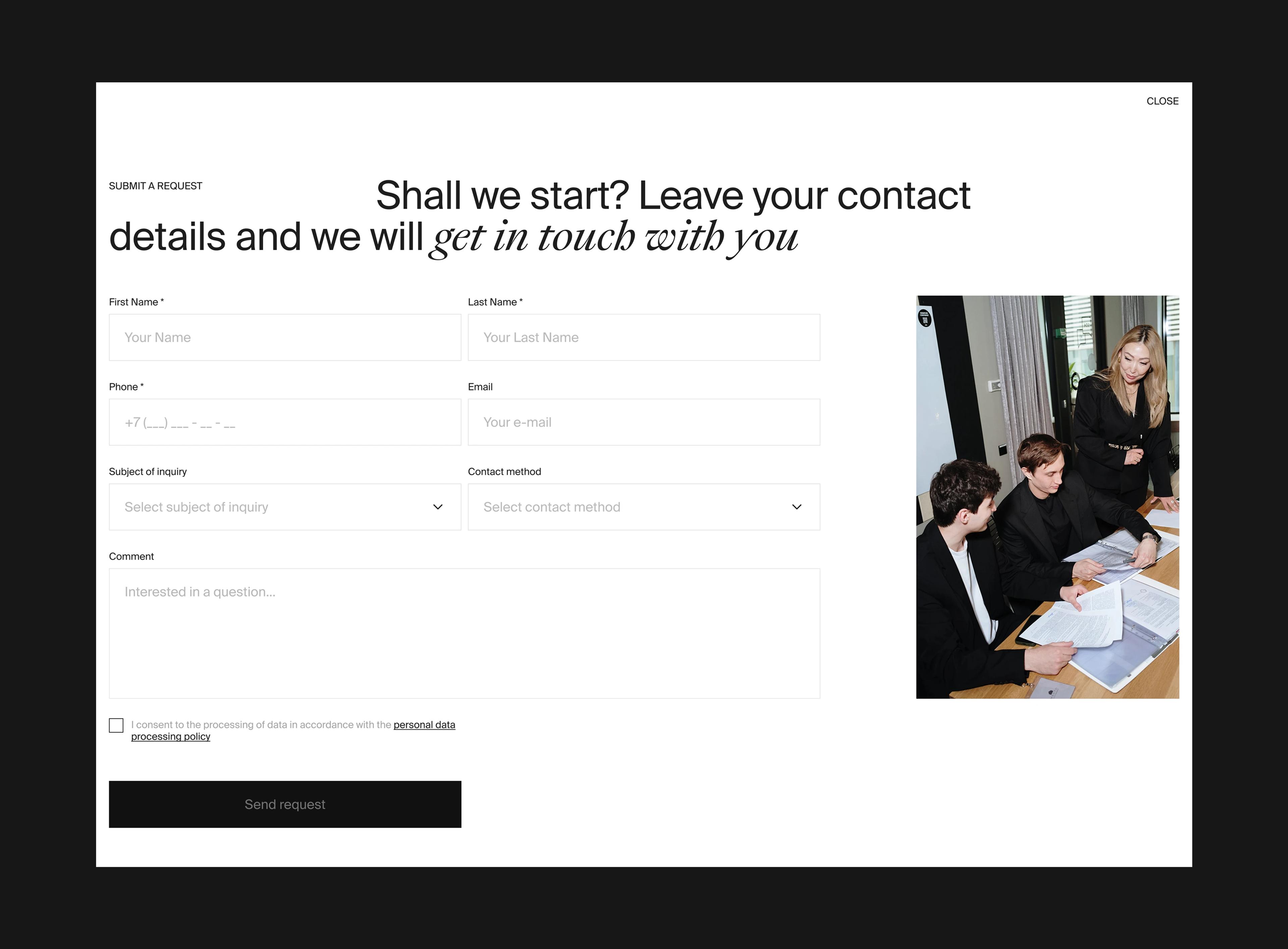 Mesto inquiry form beside a photograph of the team at work