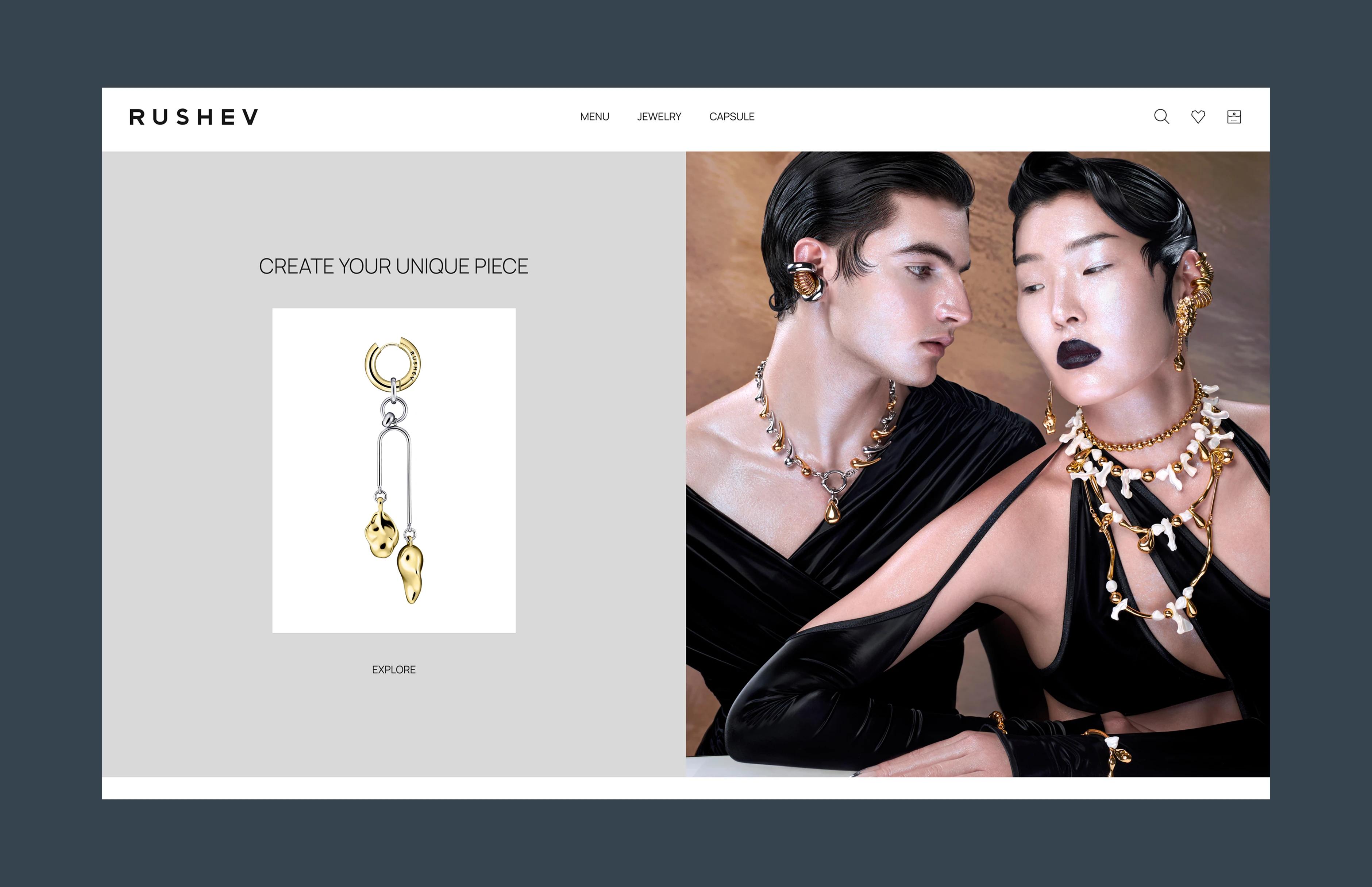 Rushev custom jewelry page beside models wearing statement pieces