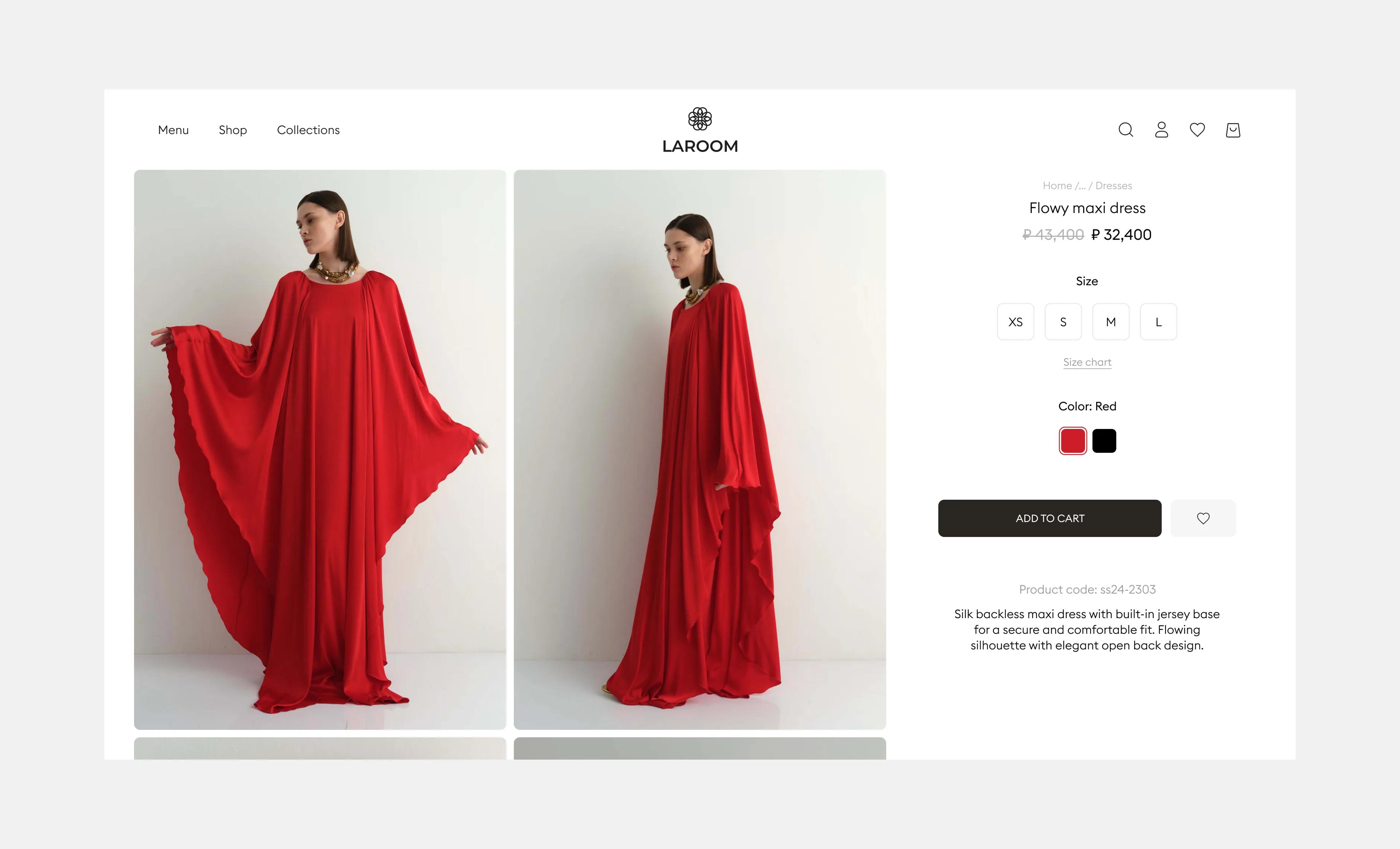 Laroom website: red dress product detail page