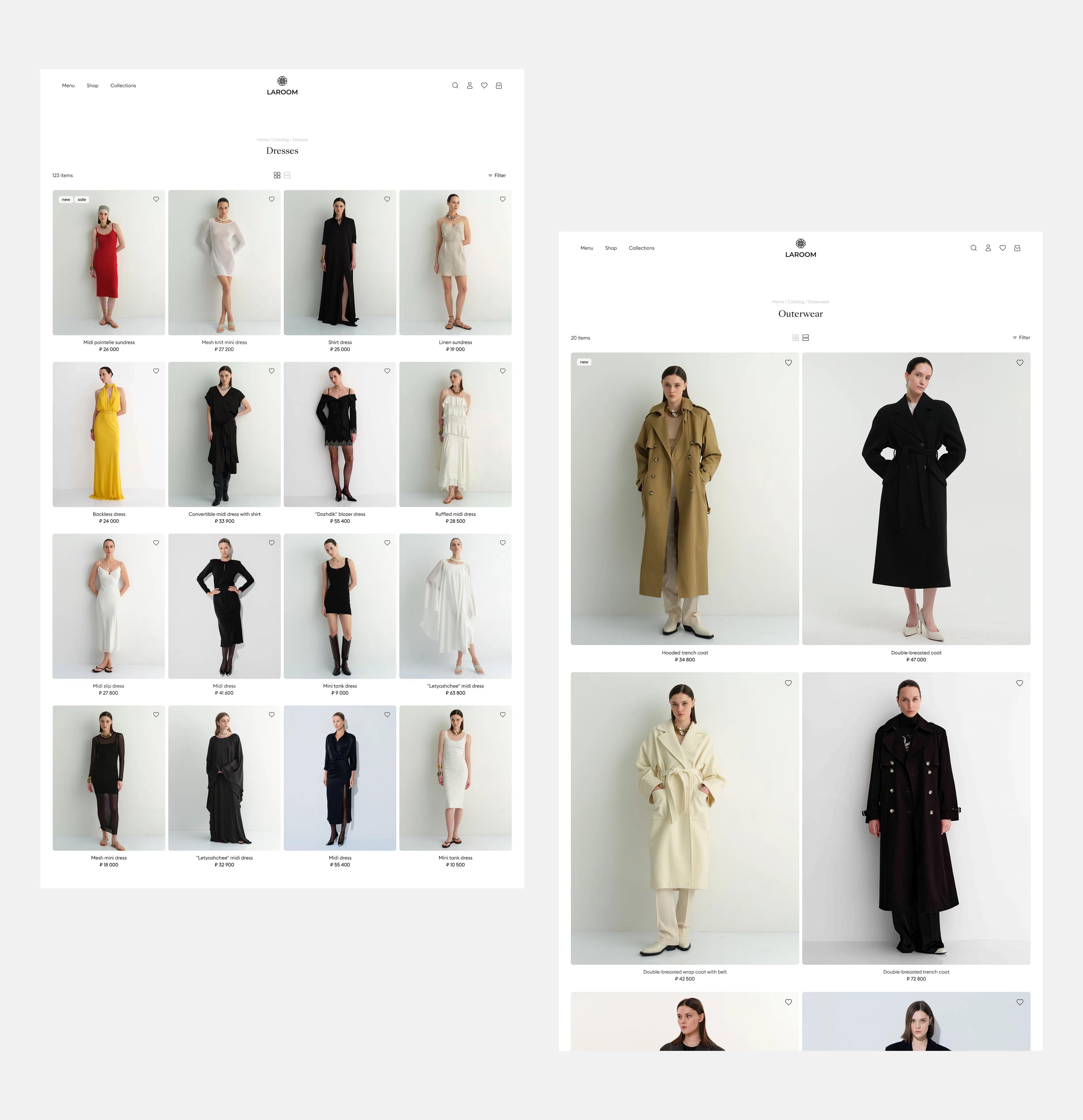 Laroom website: desktop womenswear catalog and collection pages