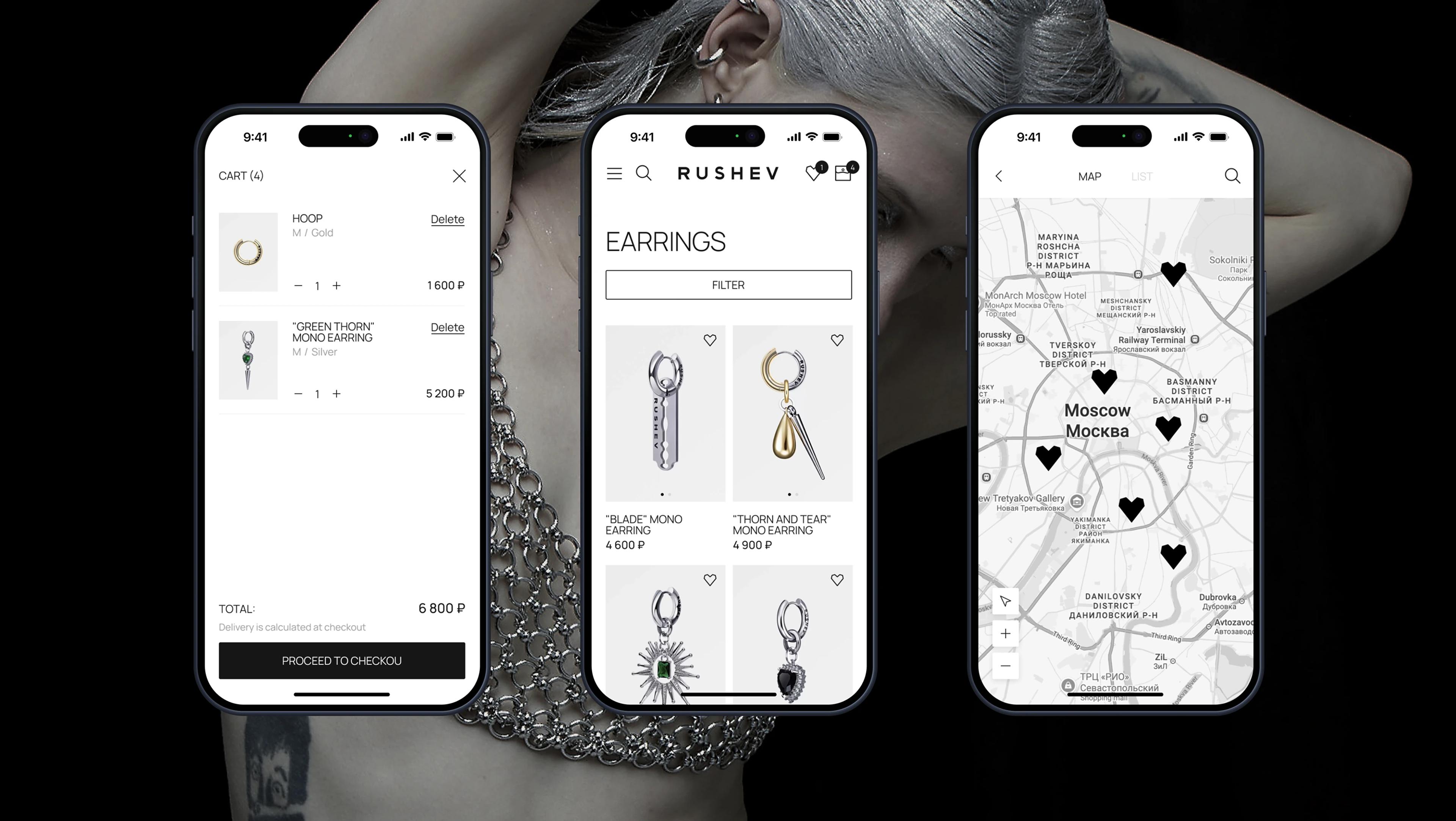 Three Rushev mobile screens showing cart, earrings catalog and store map