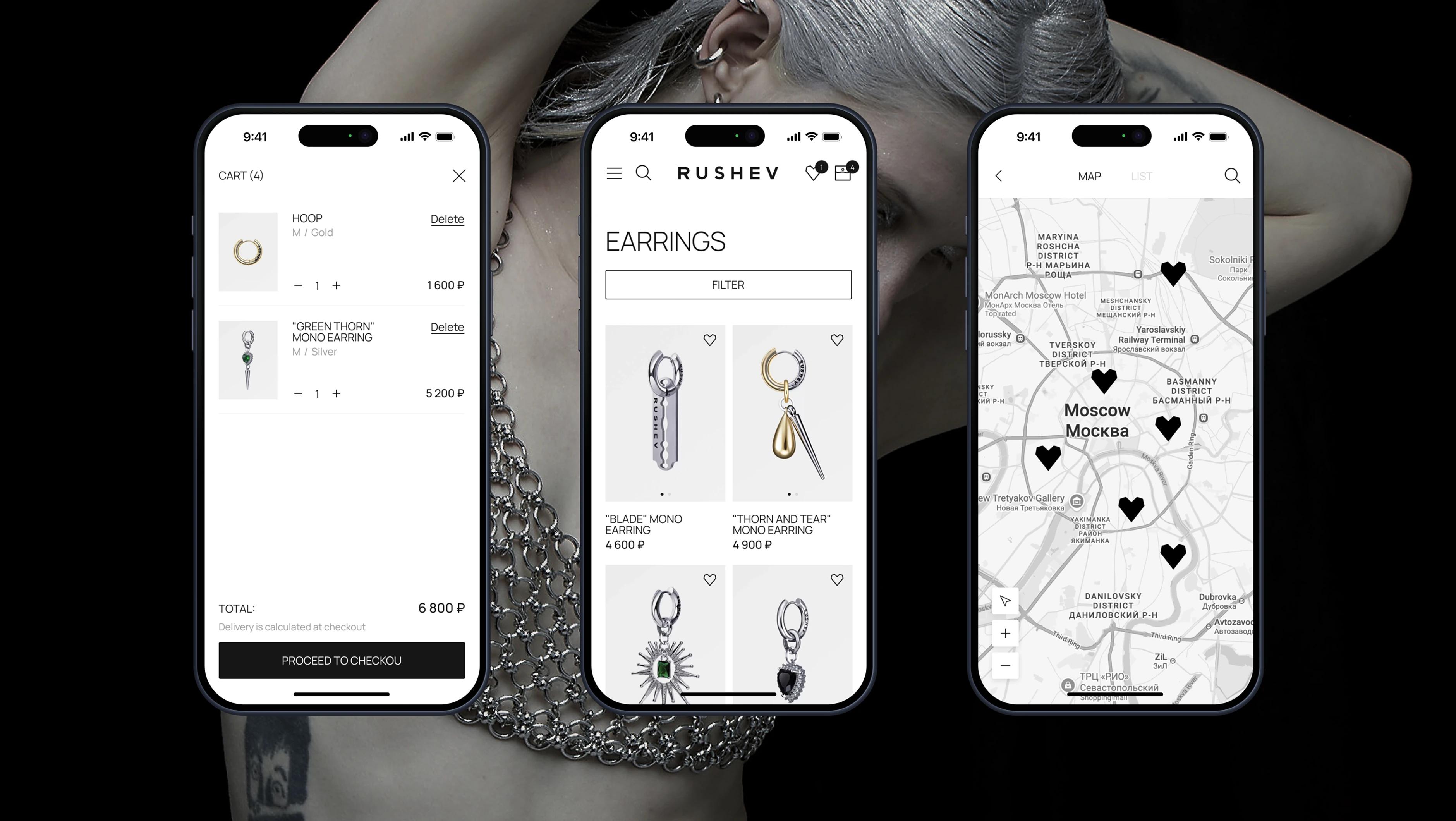 Three Rushev mobile screens showing cart, earrings catalog and store map