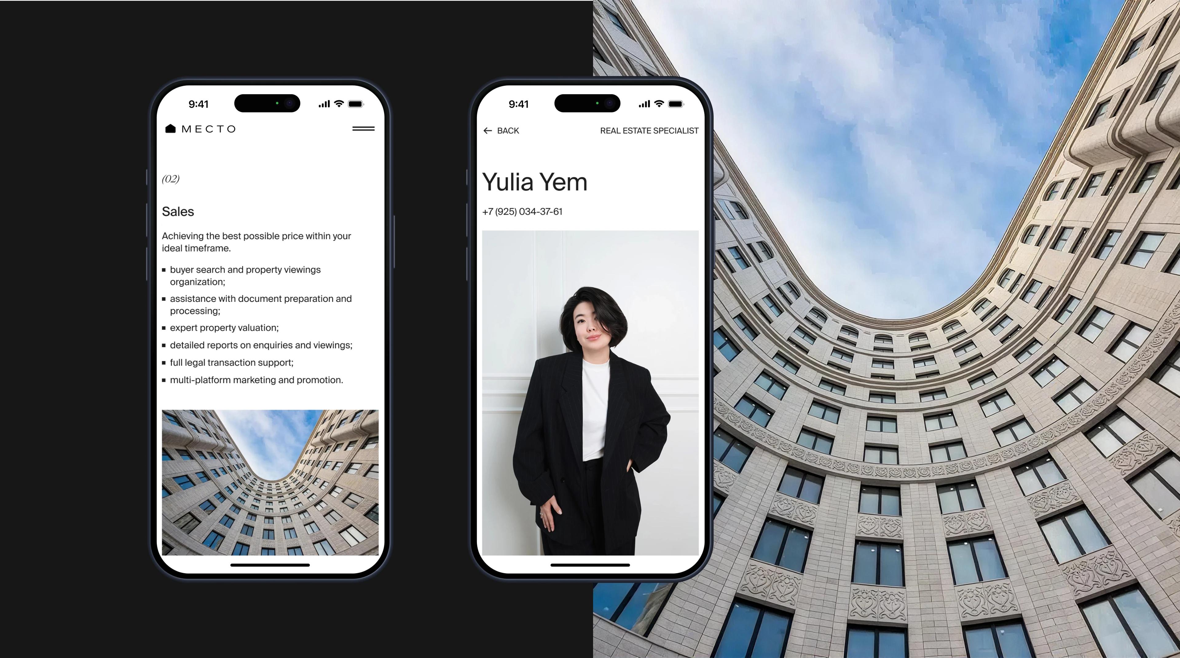 Mesto mobile service and agent pages beside an architectural photograph