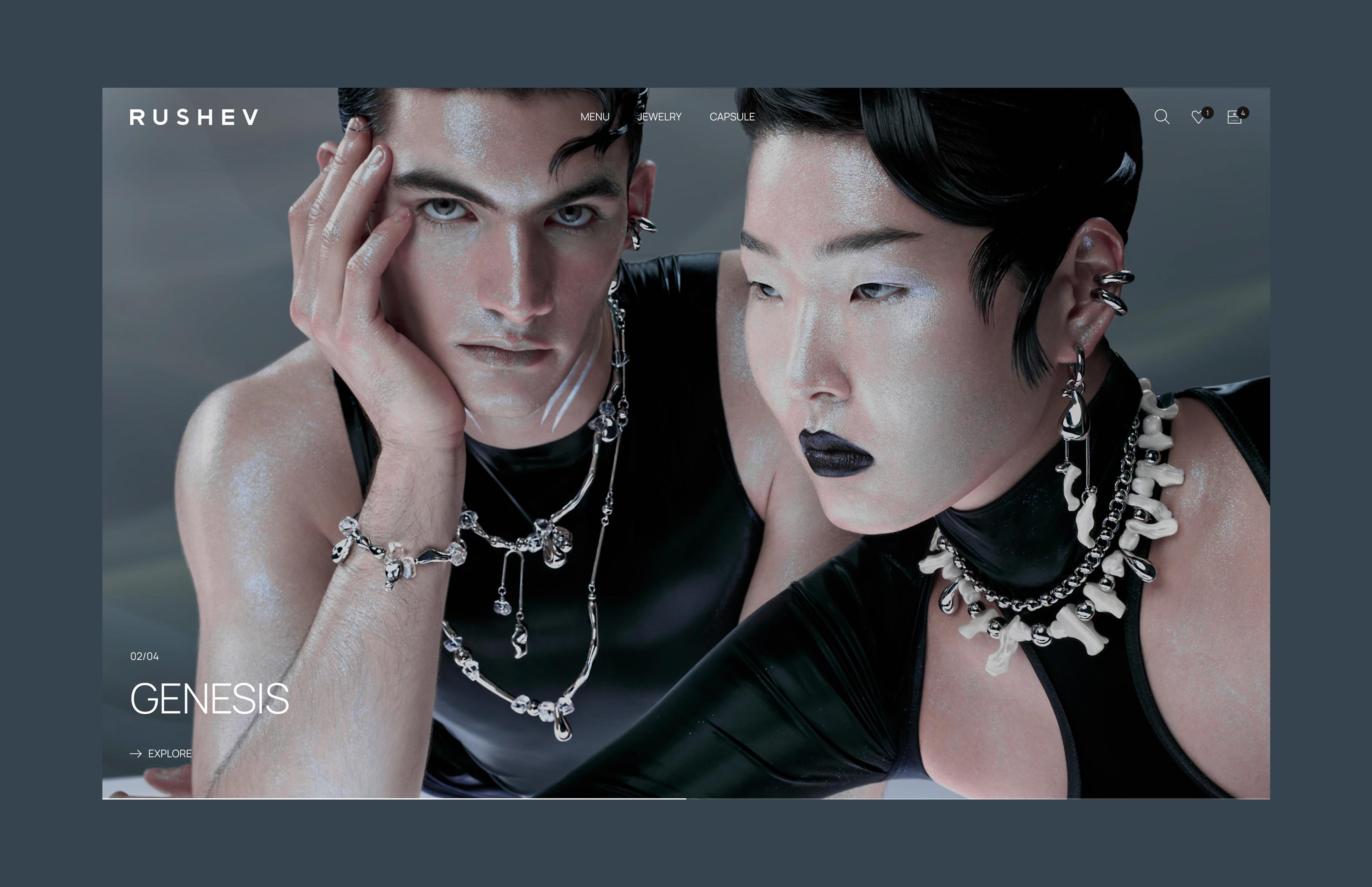 Rushev jewelry website hero with two models wearing sculptural pieces