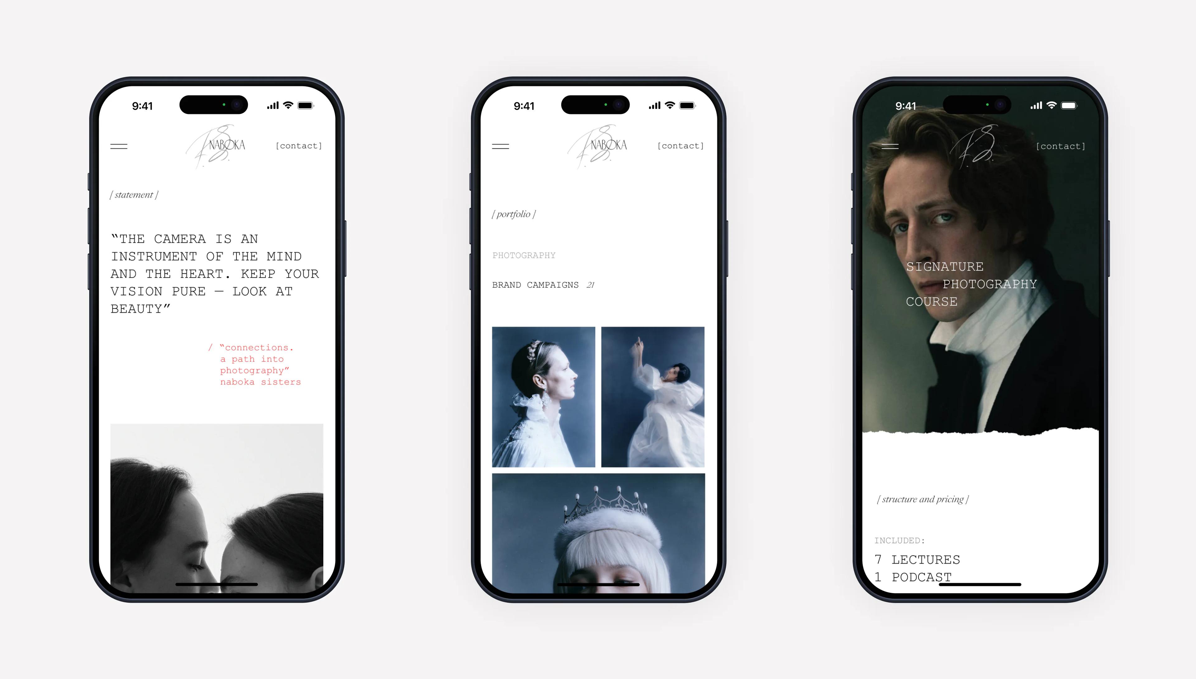 Naboka website: three mobile page designs