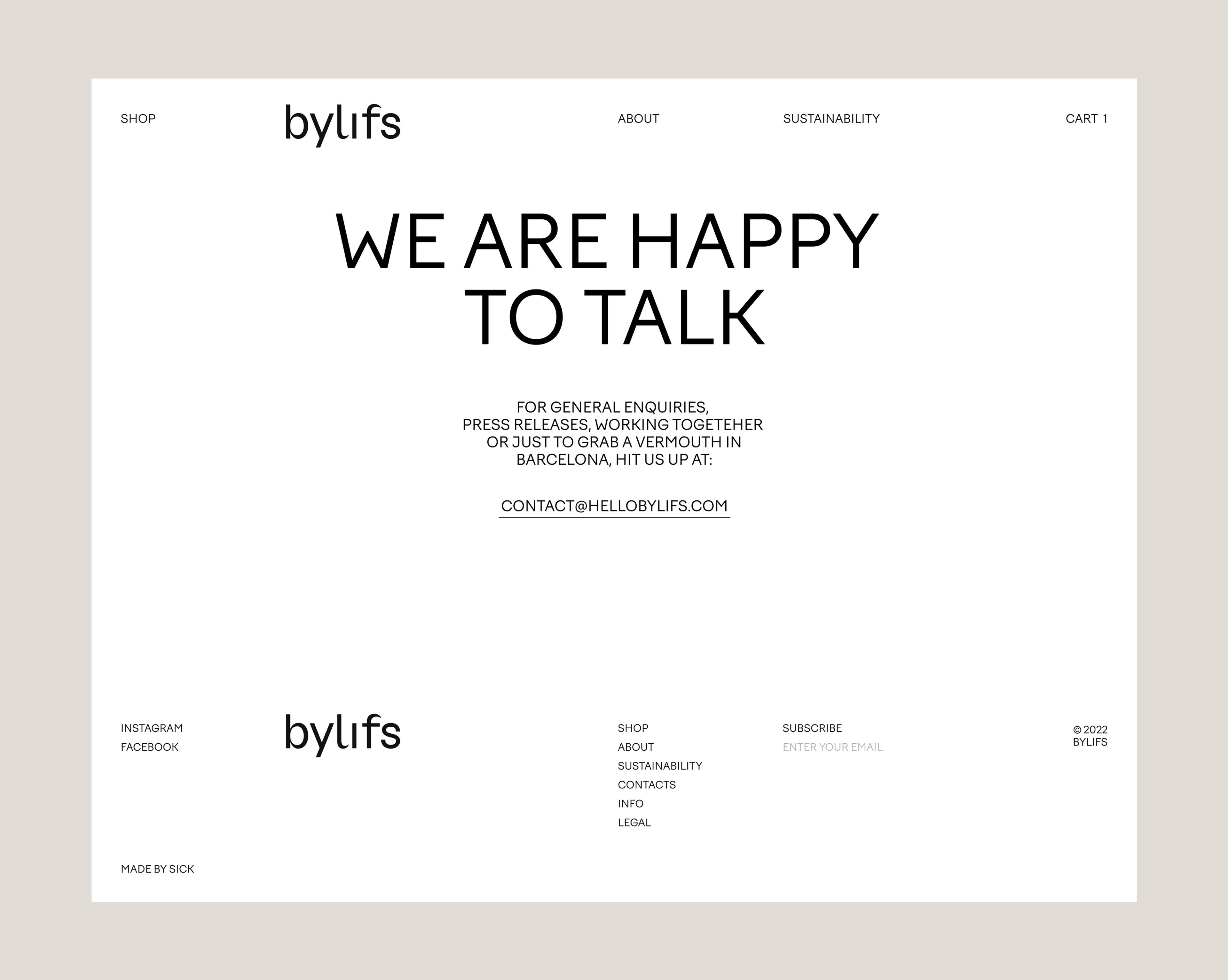 Bylifs contact page and footer with large editorial typography