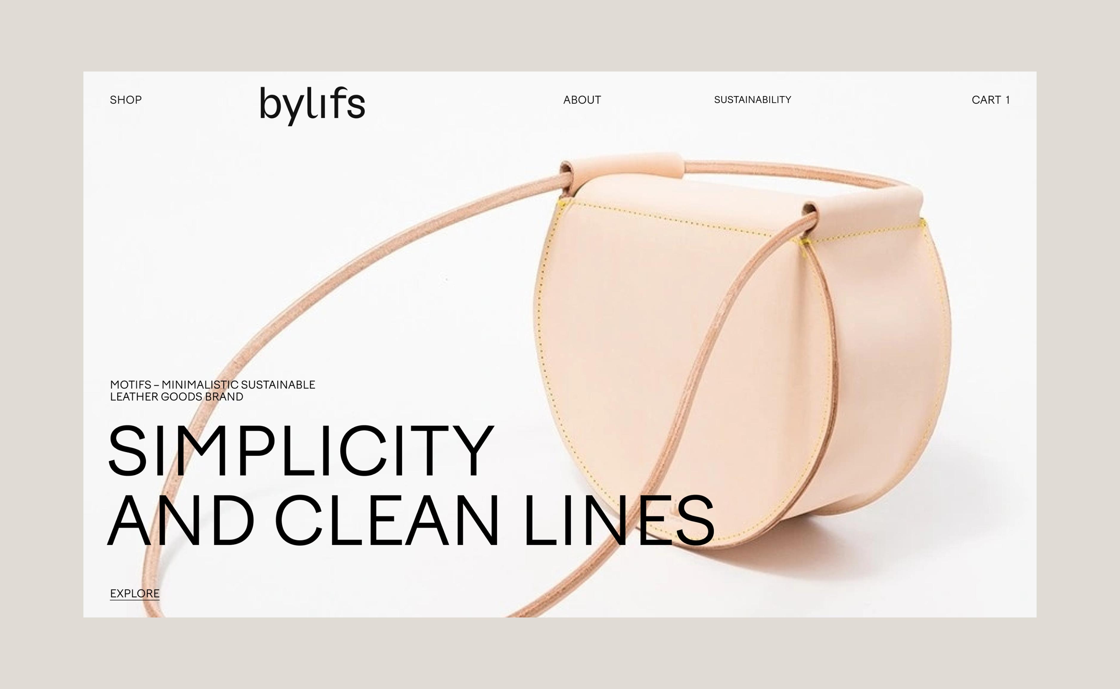 Bylifs home page with a pale leather bag and minimal typography