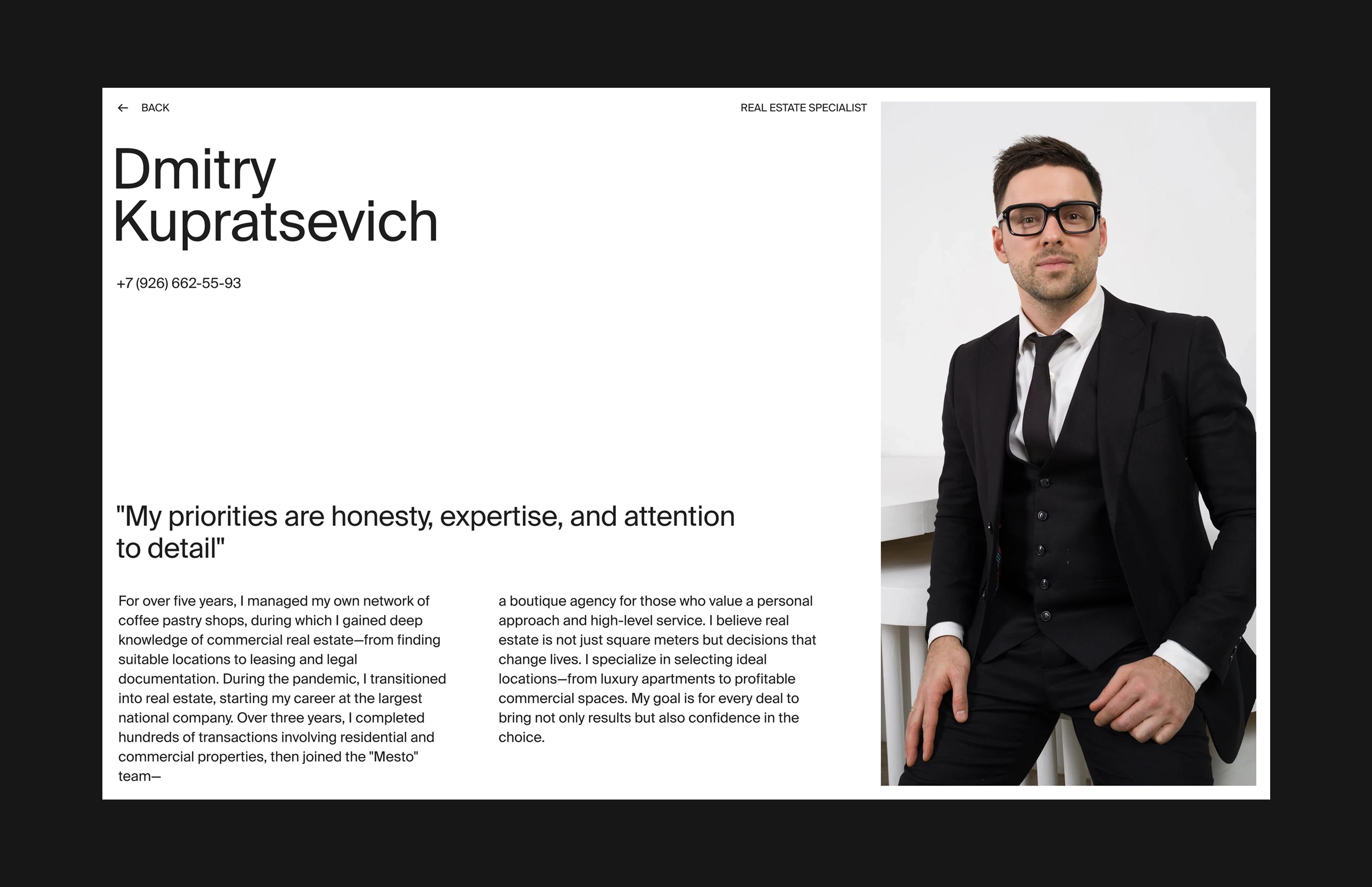 Mesto real estate specialist profile with portrait and personal story