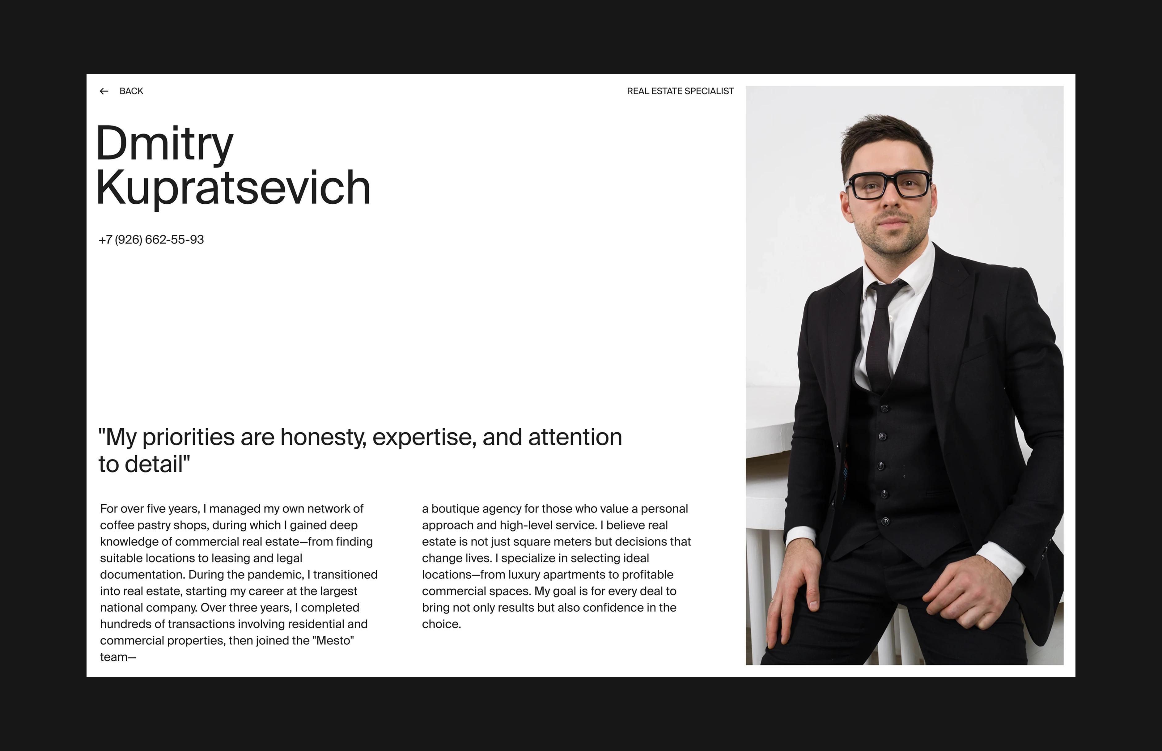 Mesto real estate specialist profile with portrait and personal story