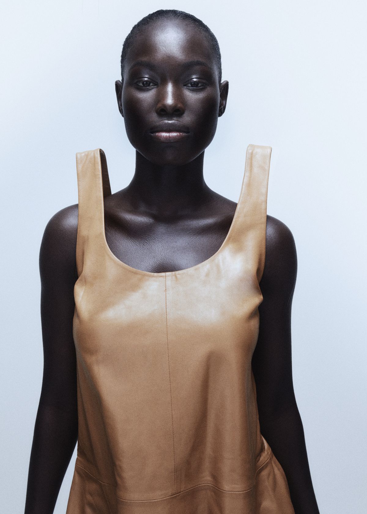 model on white background with gold dress