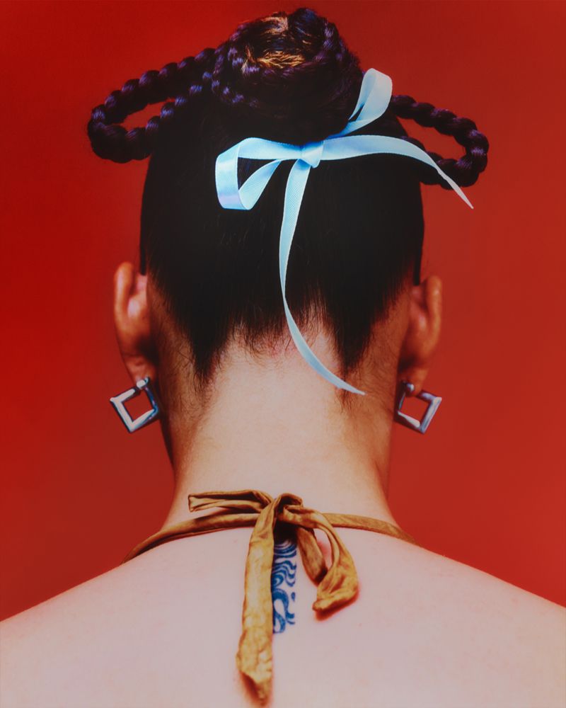 Back of models head, braids and bows in her hair on a red backdrop 
