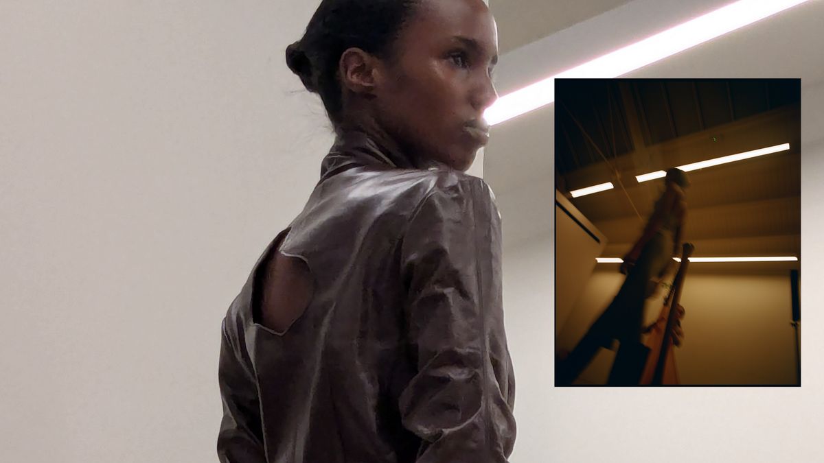 An model wearing a leather jacket with cut out detailing, overlayed with another image