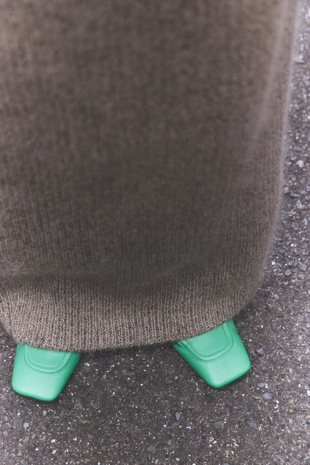 close up of the knits and models green shoes