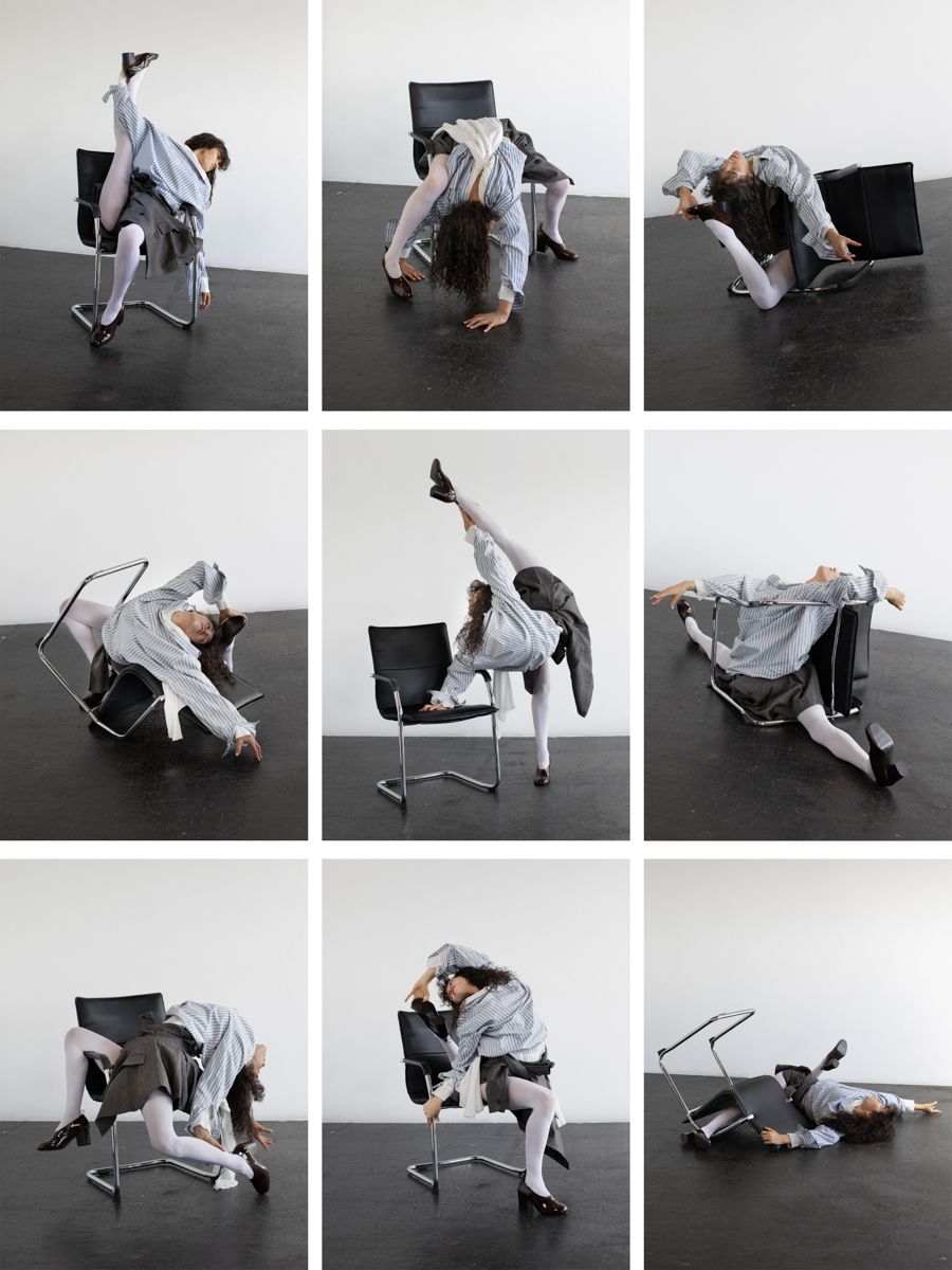 women contorts body over office chairs