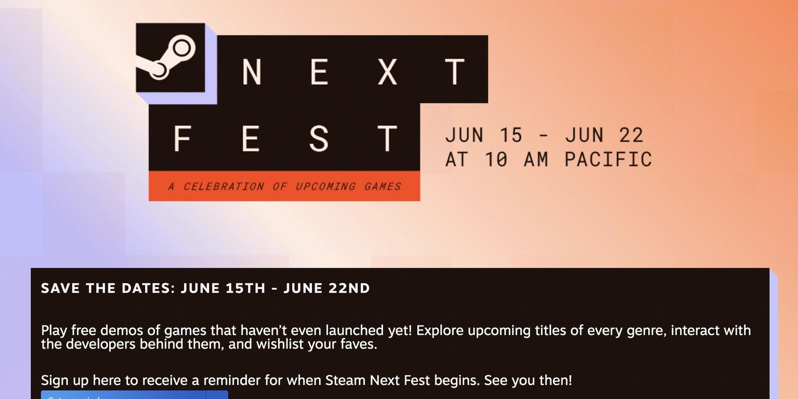 Steam Next Fest promotional banner showcasing one of Steam’s largest annual game discovery events, where upcoming indie and AAA titles feature free demos, developer livestreams, and gameplay showcases to build player interest and wishlist growth before launch.