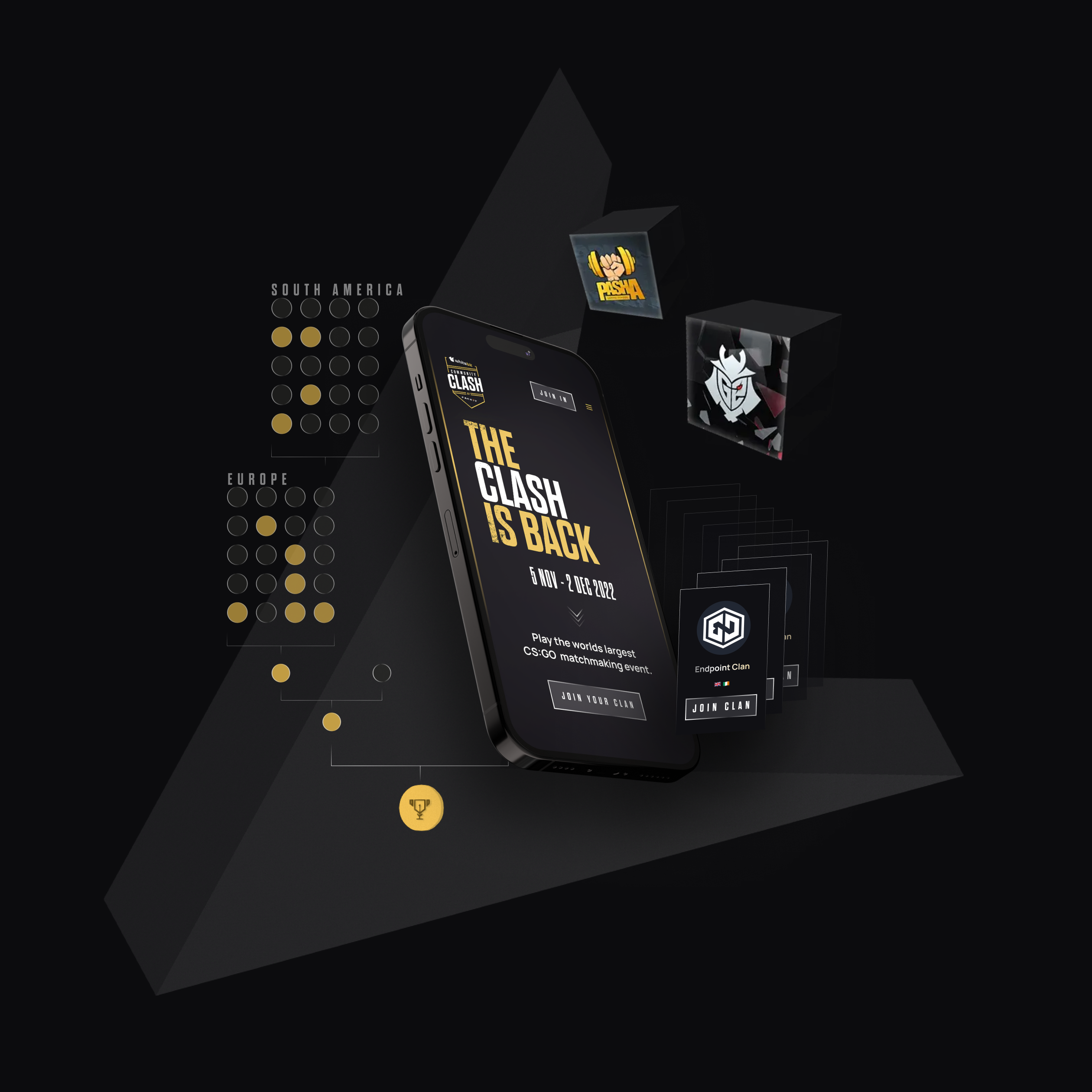 Mobile device displaying the FACEIT Community Clash website, with design elements and graphics from the website arranged around it, providing a visual context for the website's design