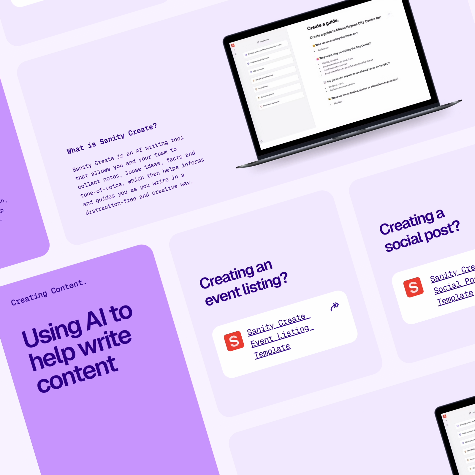 Digital brand guidelines integrated into your tech stack image showing Sanity Create ready prompts ready to create different page templates
