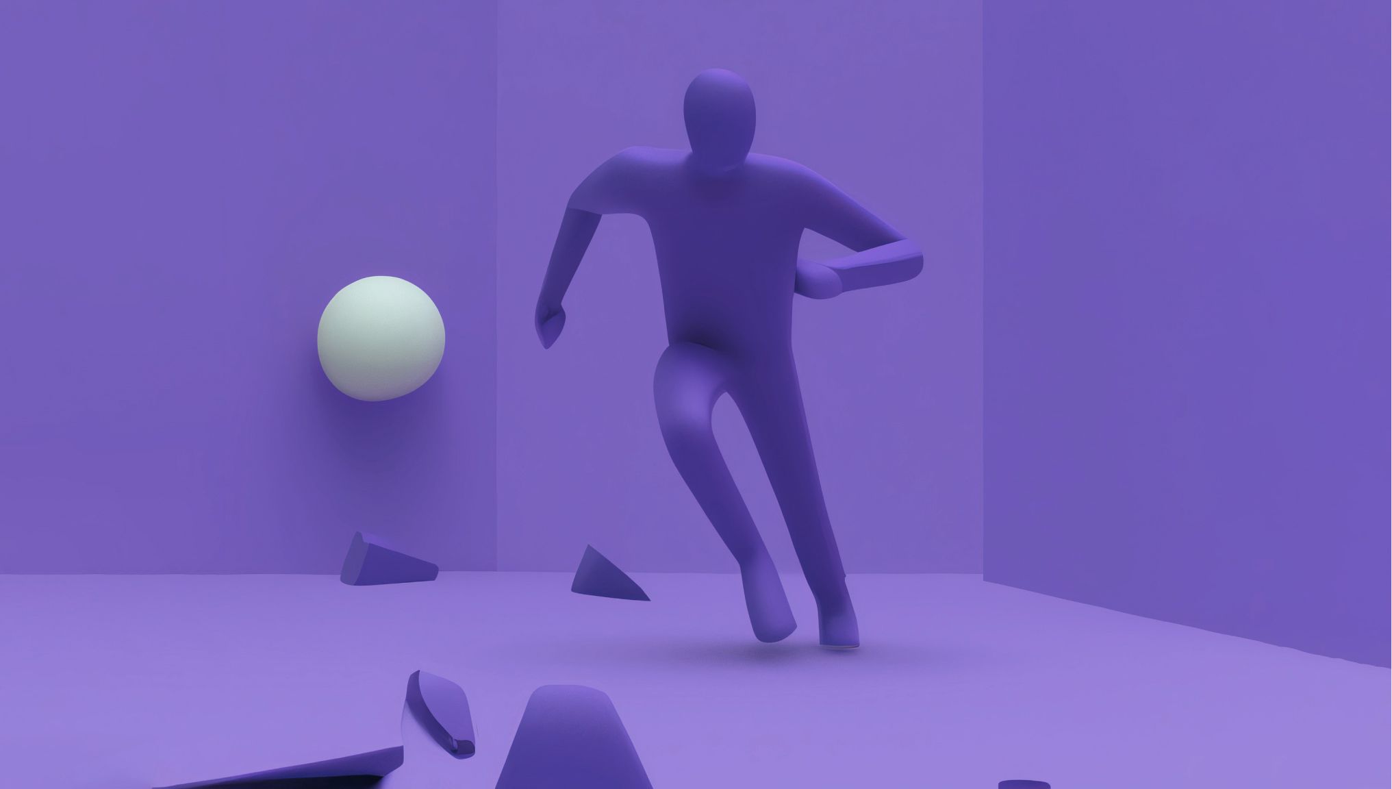 Purple abstract man running towards a white ball in a fully purple room with purple shards in front of him