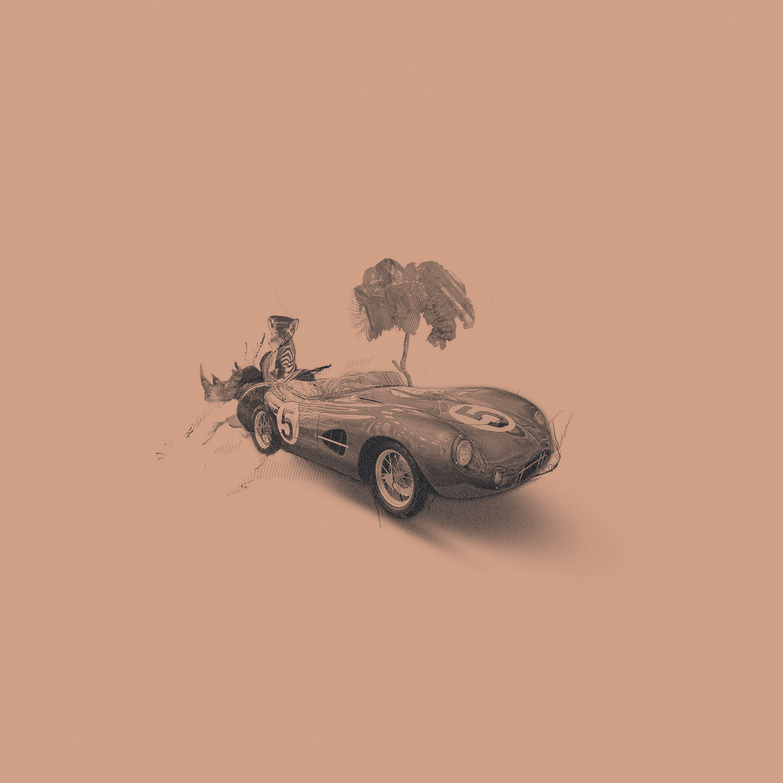 Monochromatic sketch of a vintage Jaguar car cruising along a rural English landscape
