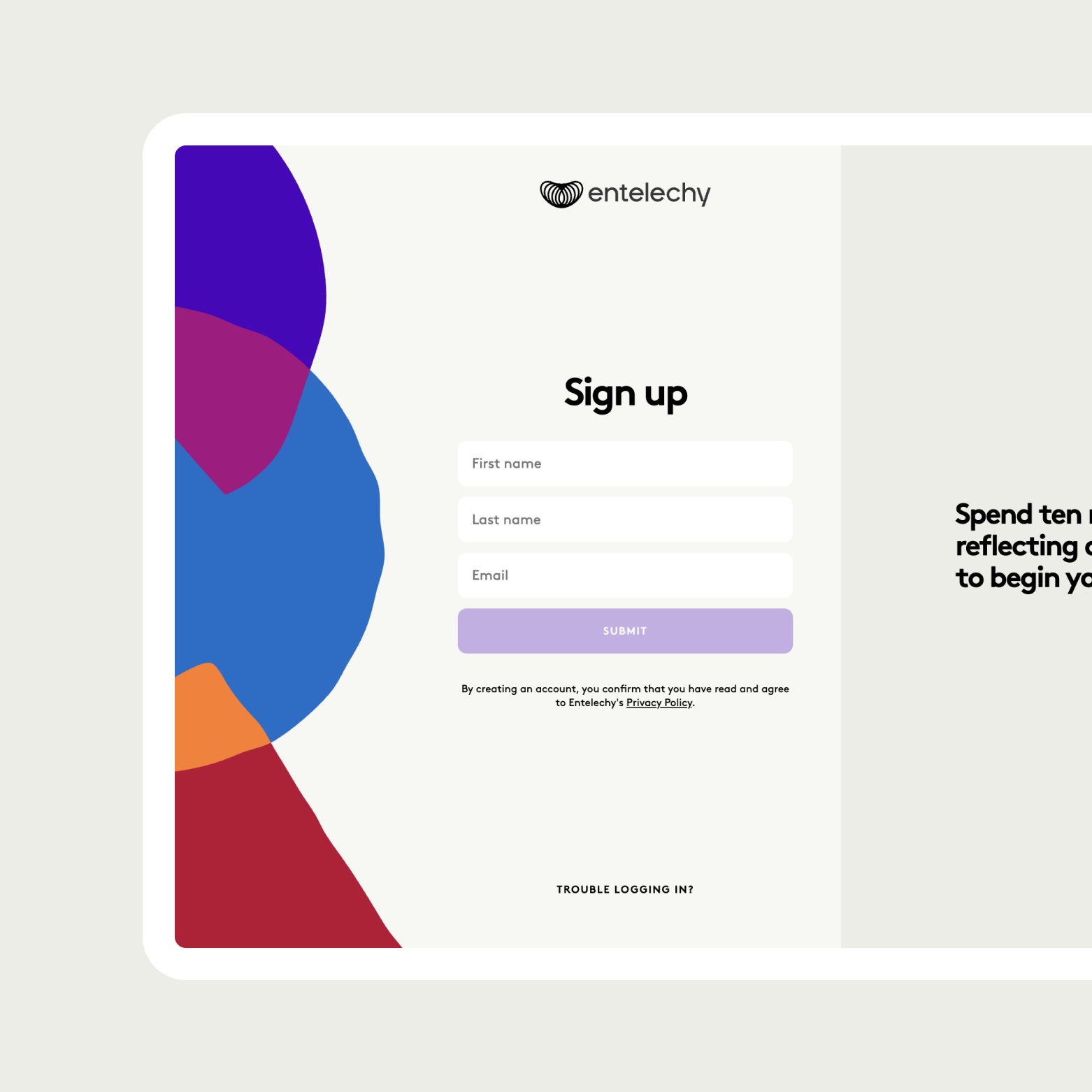 Sign up page for Entelechy