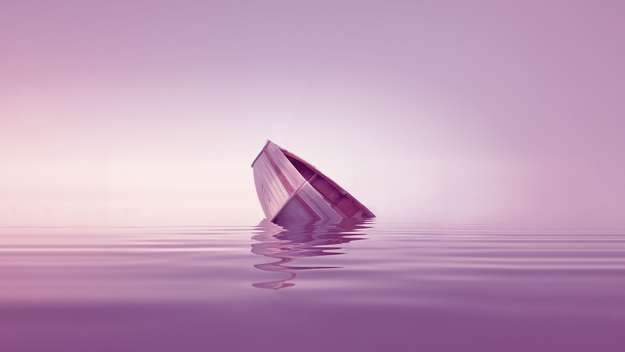 Pink hued image of a row boat sinking in the sea