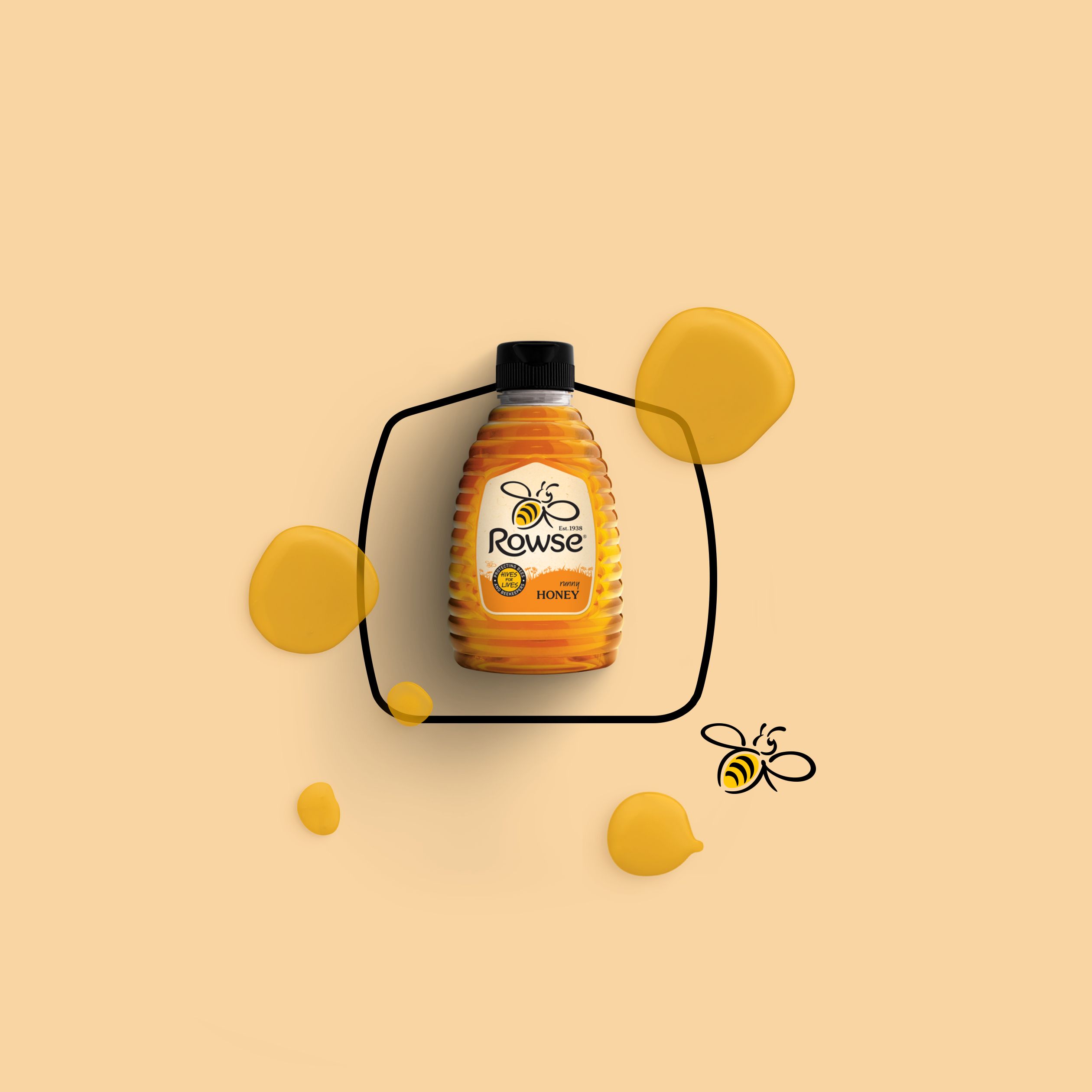 Three-dimensional representation of a Rowse Runny Honey bottle set against a soft yellow backdrop, with flowing honey accents and the iconic Rowse bee logo