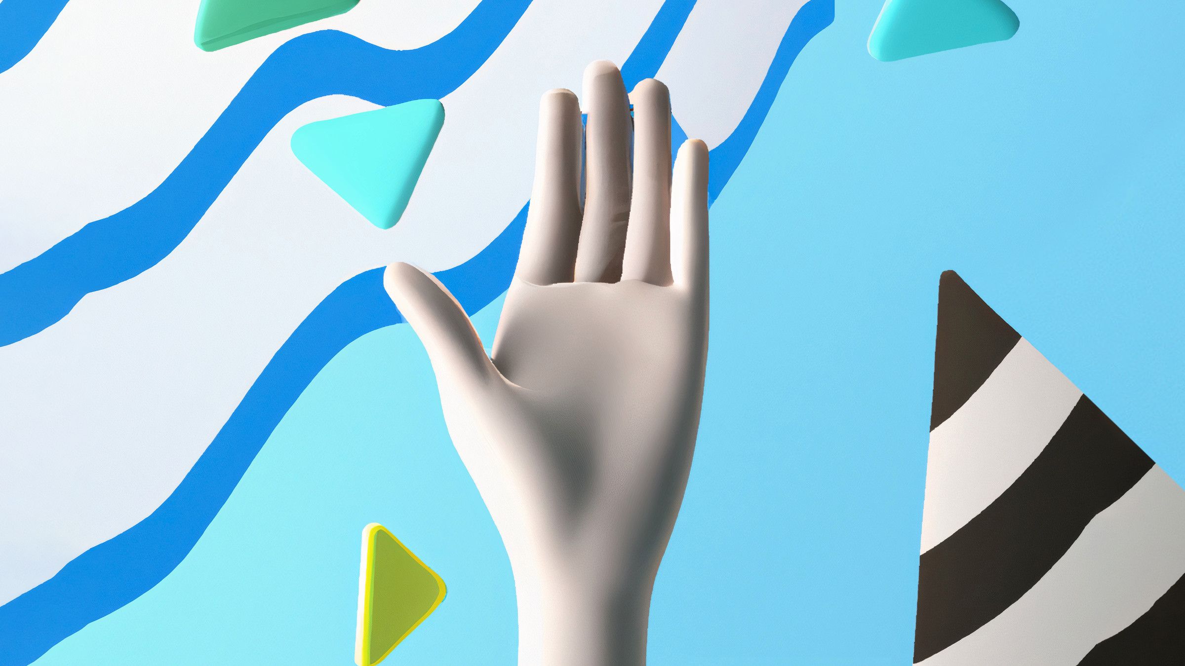 3d render of a hand waving surrounded by floating chevrons in a light blue environment