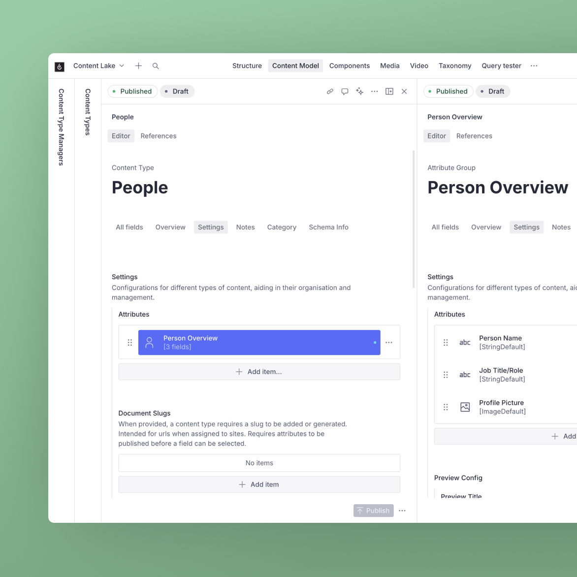 A screenshot inside the native Sanity content modeller tool built by evensix