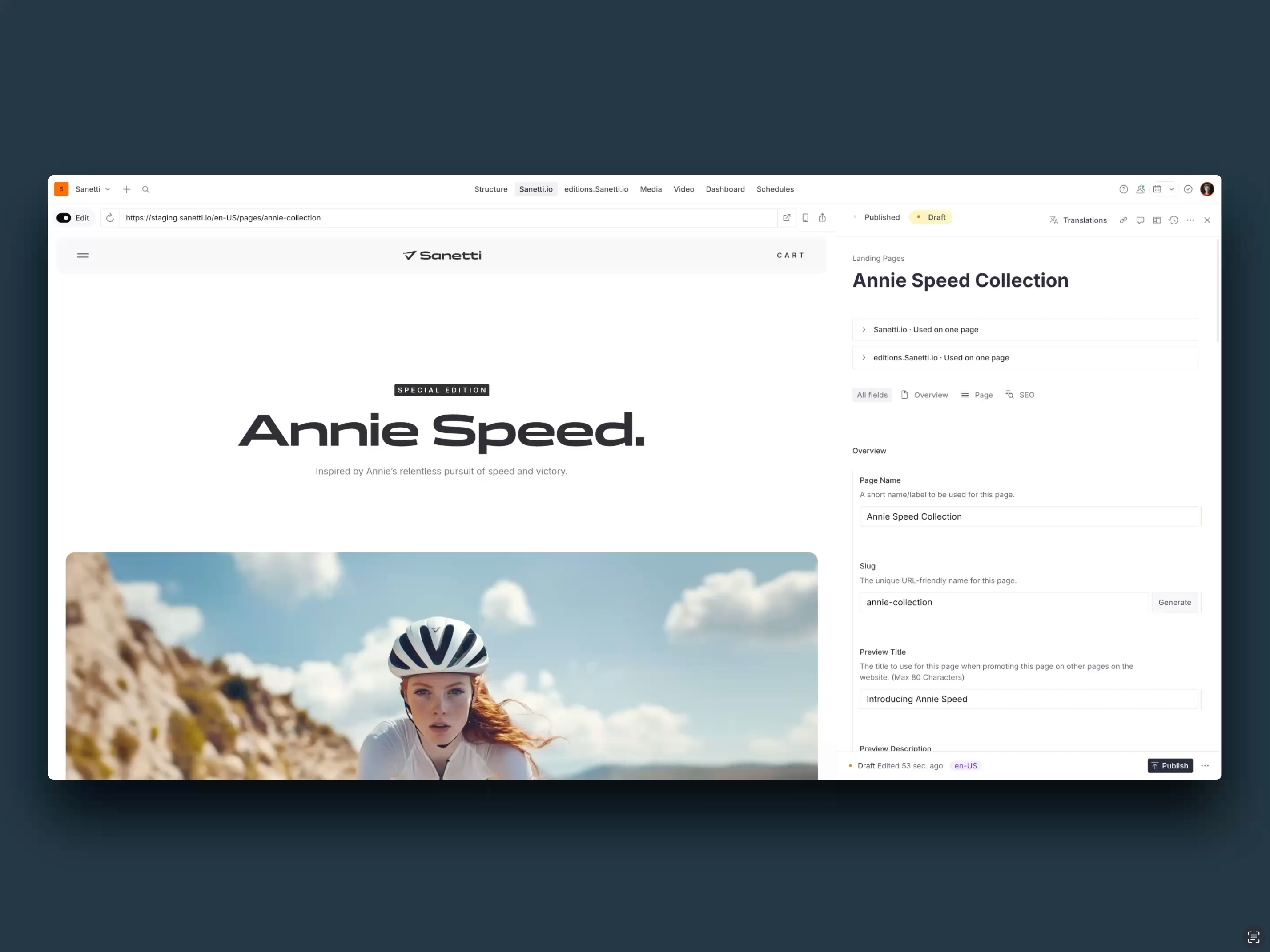 First screen of a demo built for by evensix for Sanity to demonstrate their latest  features
