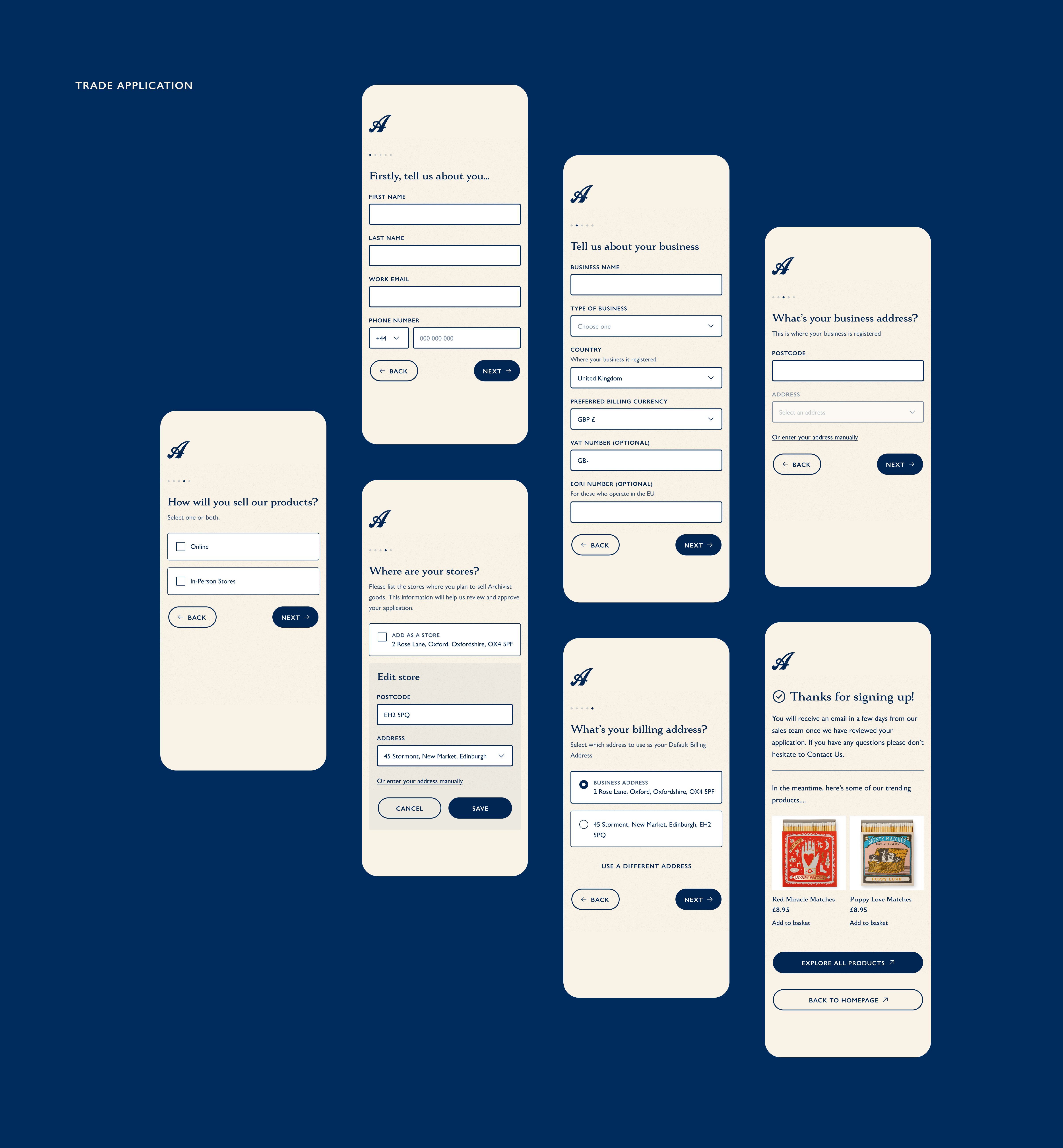 Archivist Trade Application screens on mobile