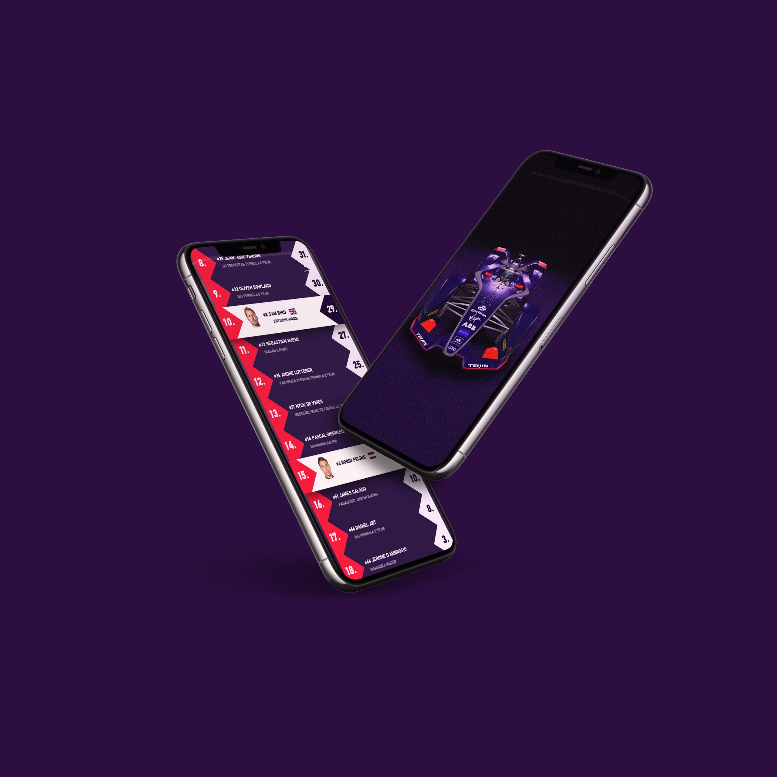 Two mobile devices suspended in mid-air, showcasing the user interface and design concepts for the Virgin Racing virtual trackside experience project