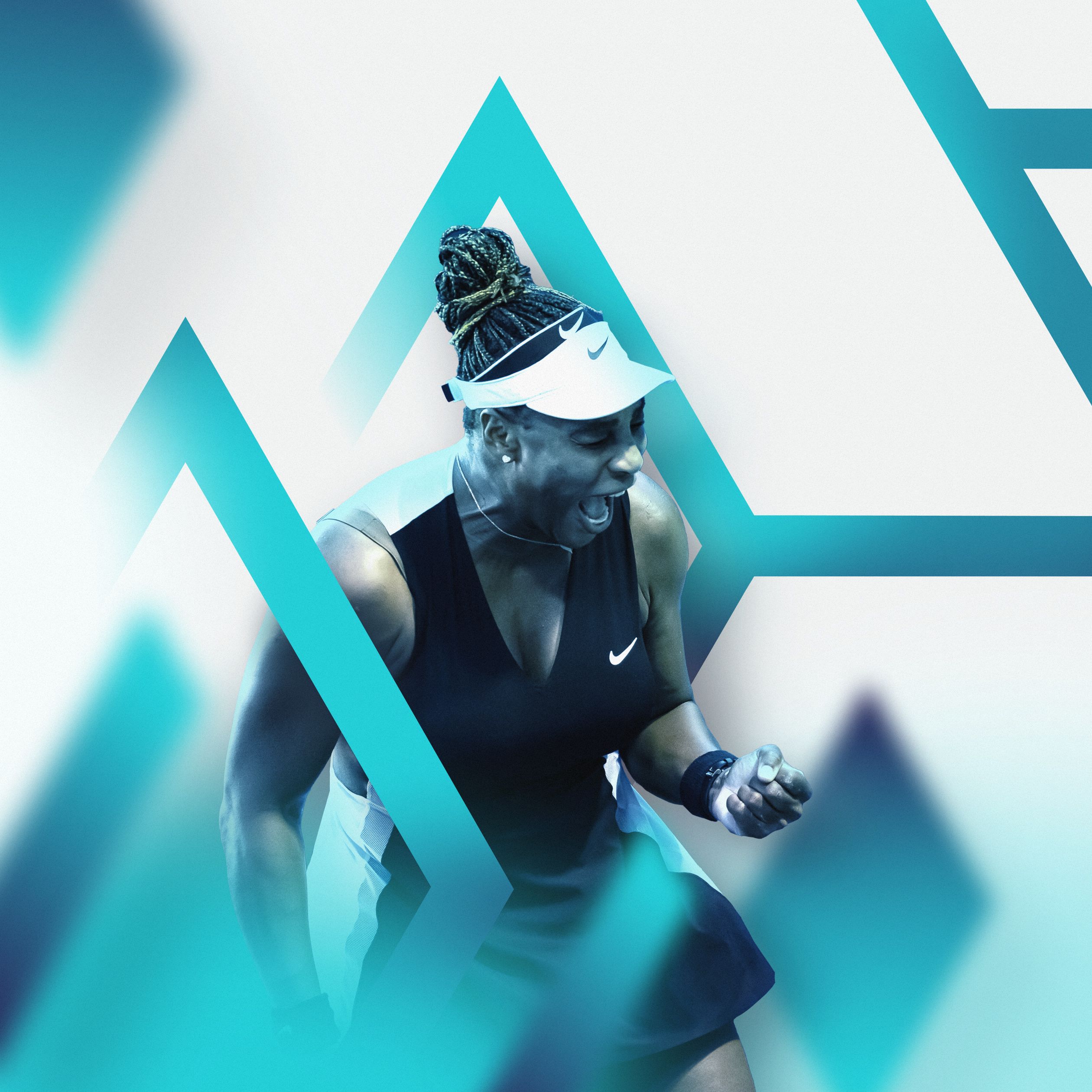 Serena Williams in a joyful celebration on the tennis court, framed by graphics and design elements inspired by Leaders In Sport events