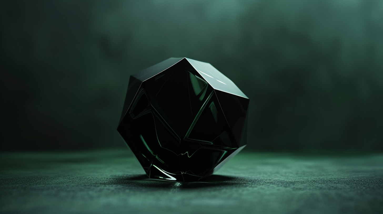 Irregular glass object on a green 3D plane.