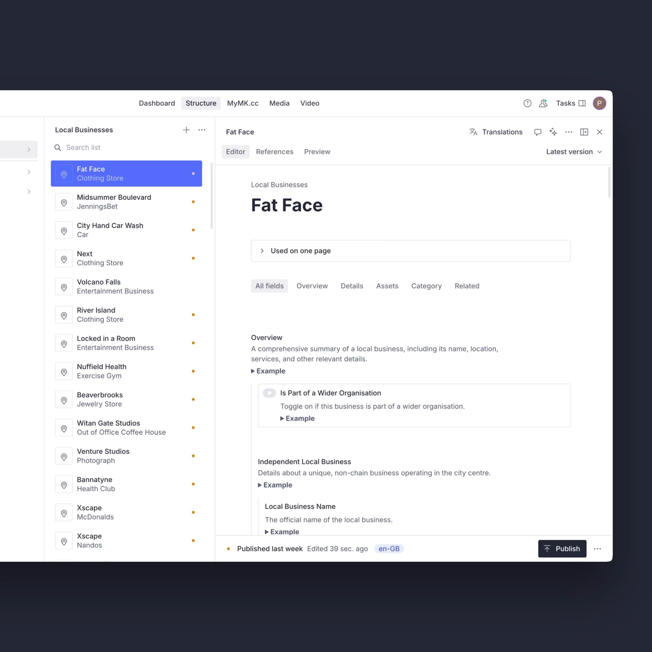 Sanity Studio showing a quick update to content