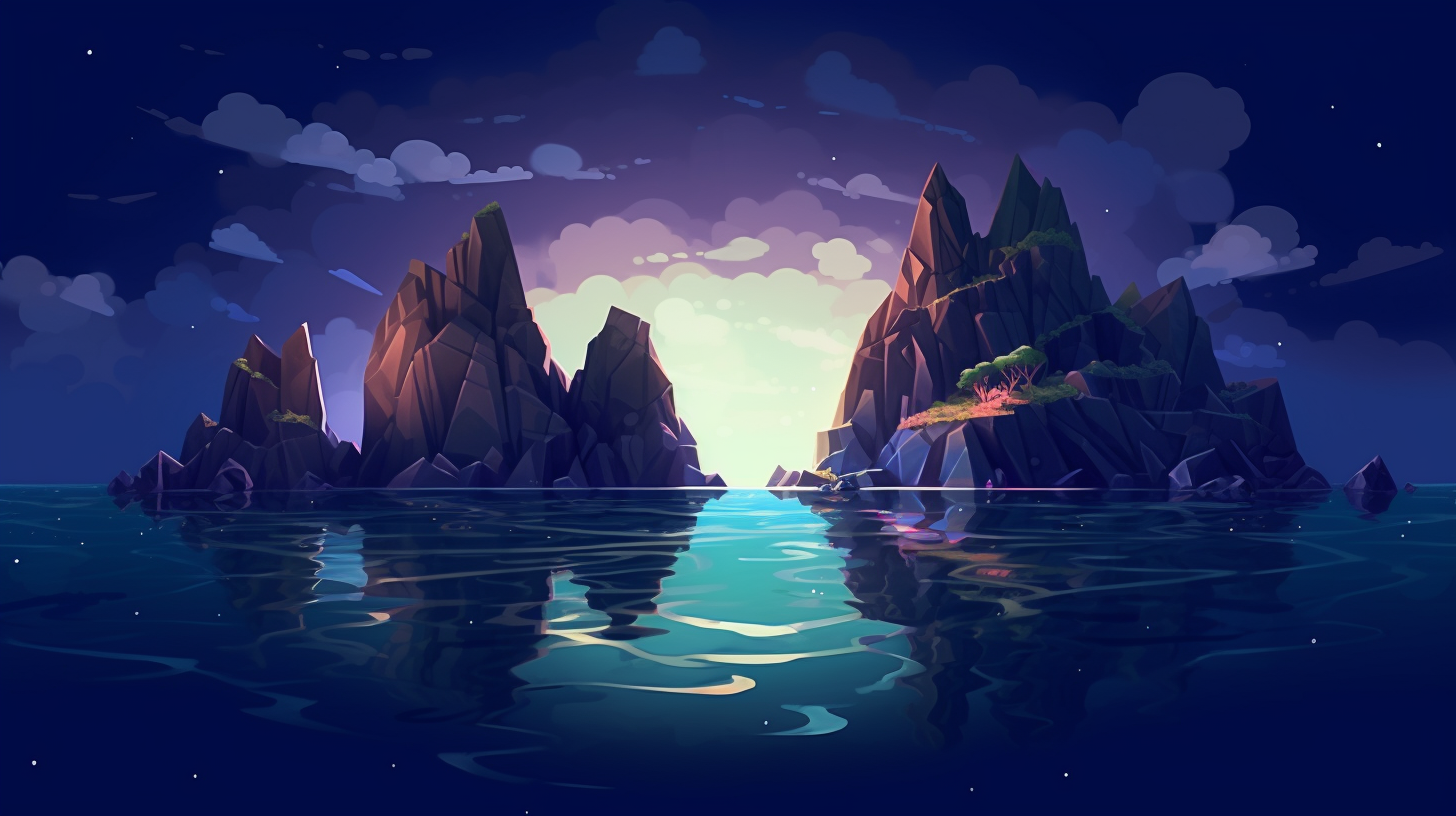 Dark purple and green sea landscape with big rocks emerging out of the water
