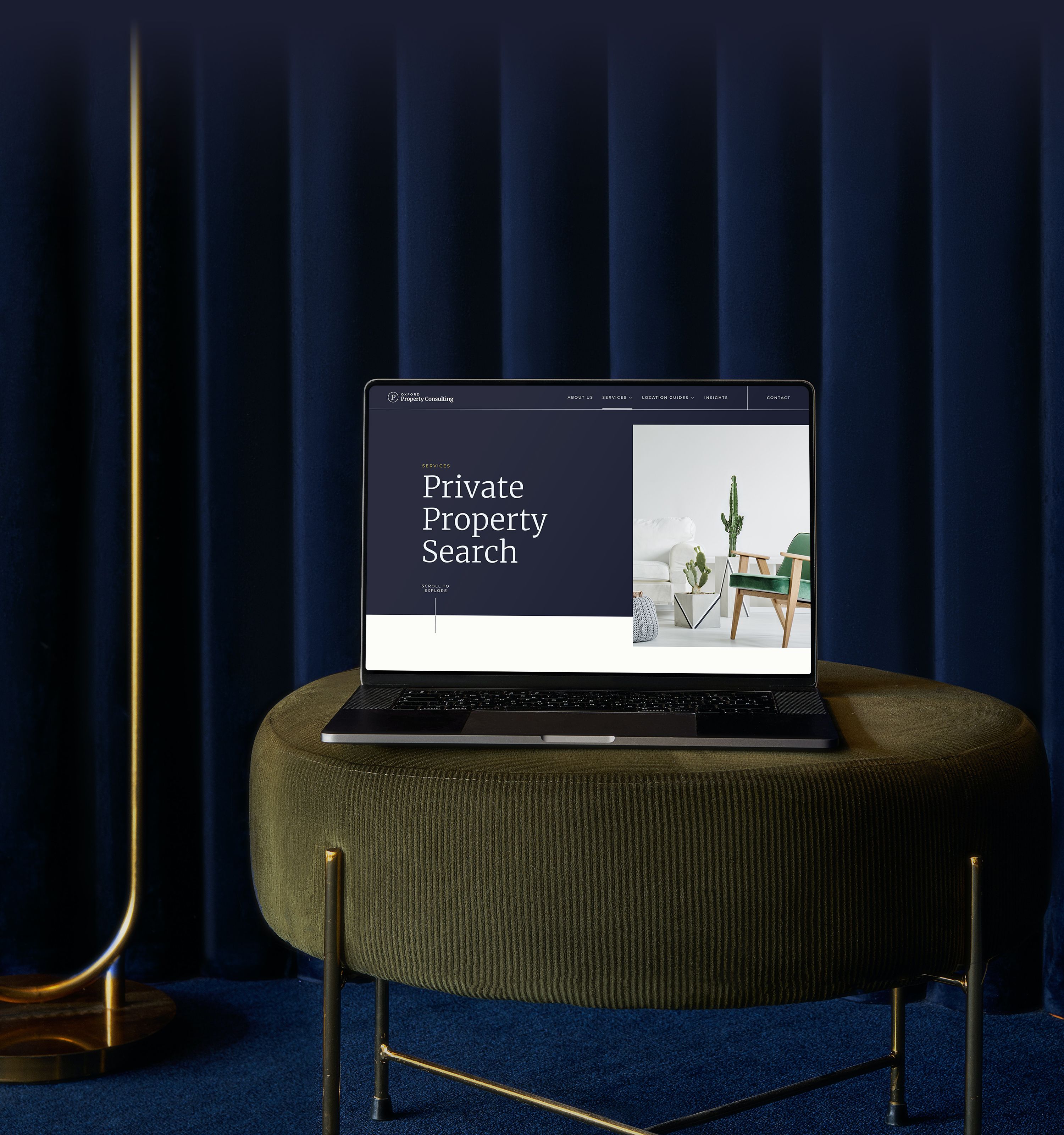 evensix Oxford Property Consulting Services page on a Macbook Pro on a stool