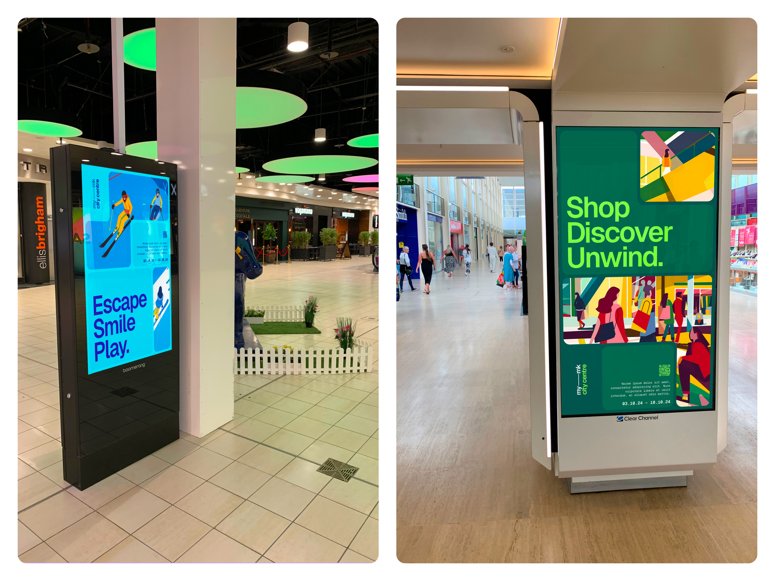 My-MK City Centre Brand Posters Mockups on screens around Milton Keynes