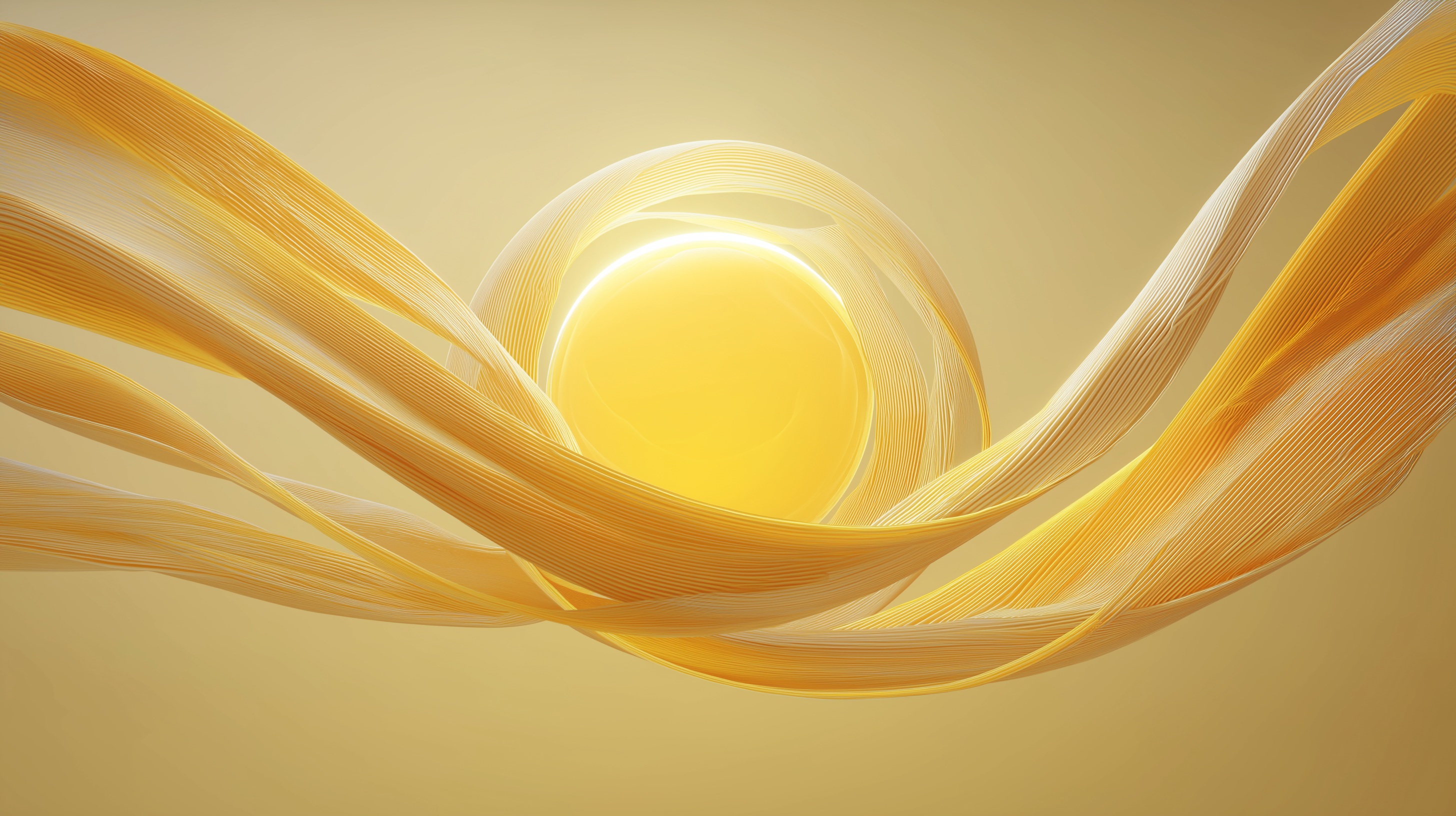 Abstract image of a glowing yellow sphere surrounded by flowing, ribbon-like strands in yellow and white tones against a soft yellow background.