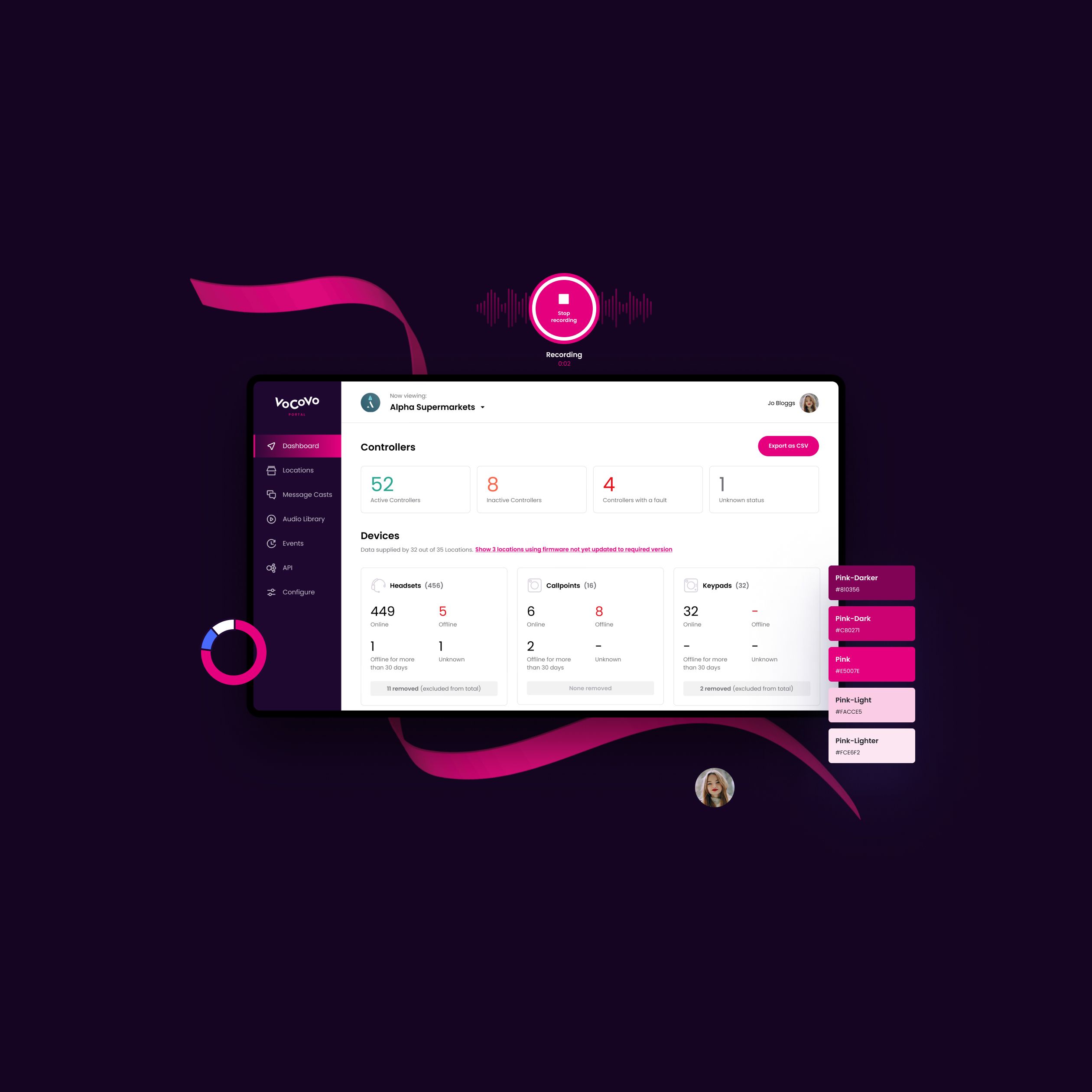 Composite image displaying various design elements and components used in the VoCoVo portal, including buttons, icons, color schemes, and layout structures