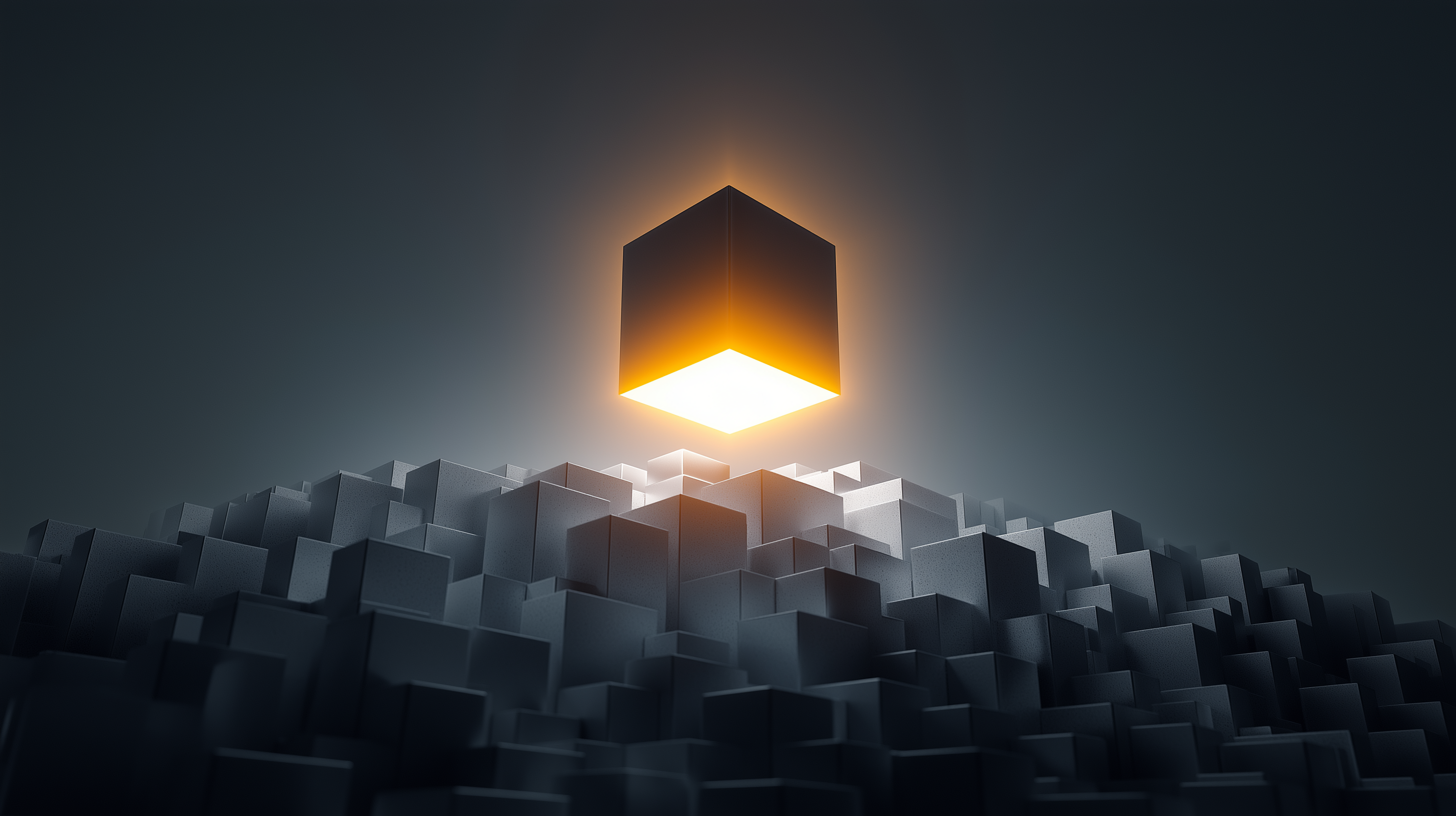 A radiant cube illuminates the darkness surrounding it, standing out prominently in the black background.