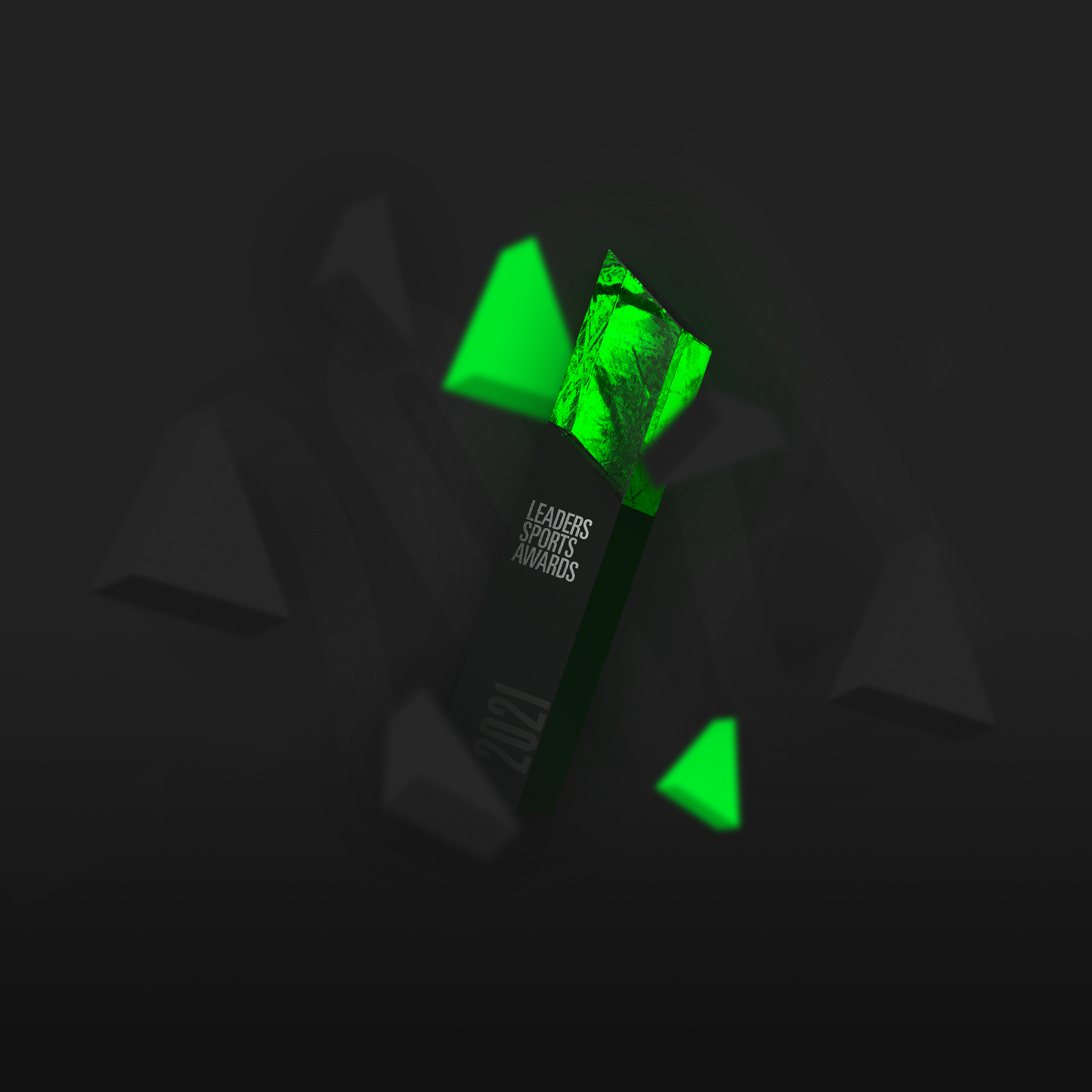 Three-dimensional rendering of the Leaders Sports Awards trophy, capturing its unique design and detailing