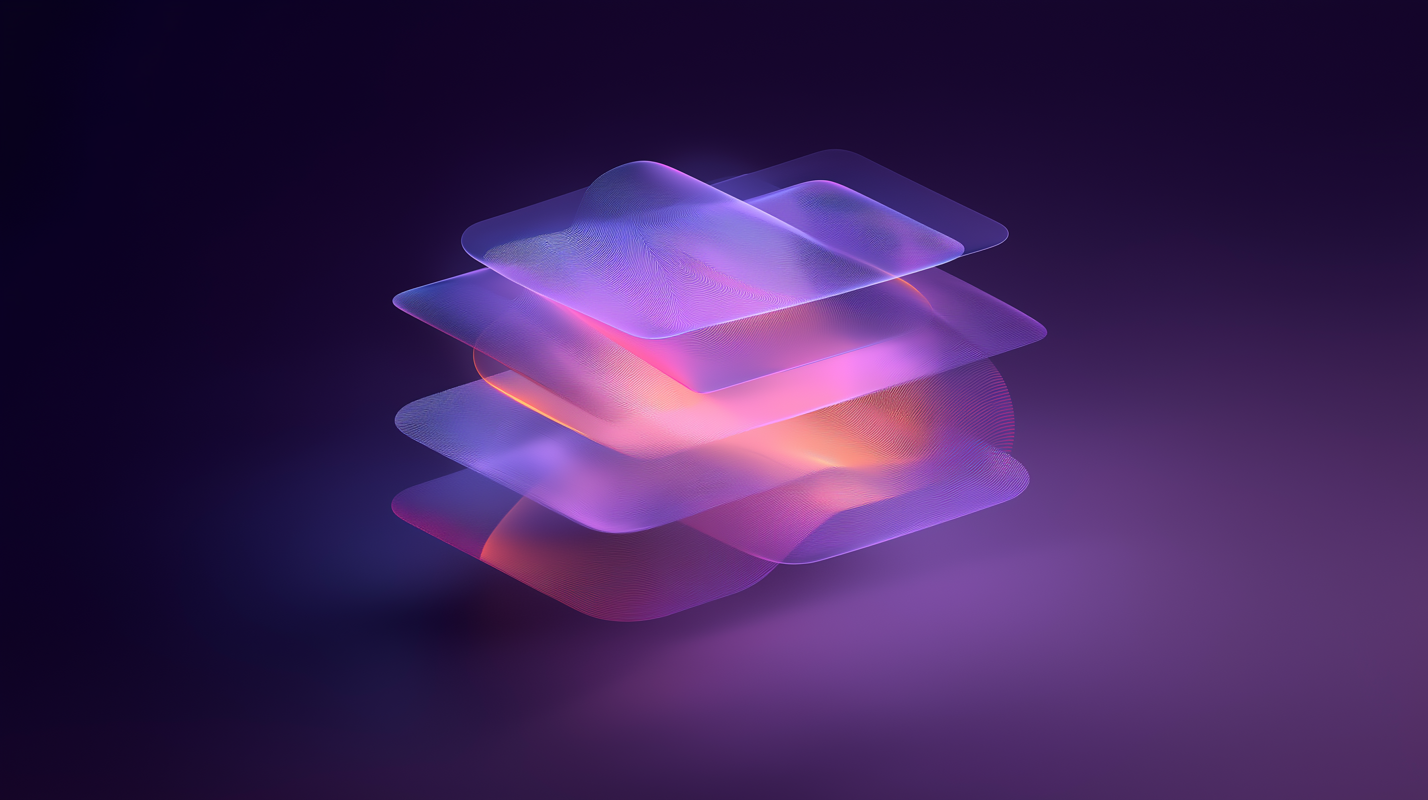 A stack of semi-transparent, glowing, multicolored layers floats against a dark purple background, creating a futuristic and abstract visual effect.